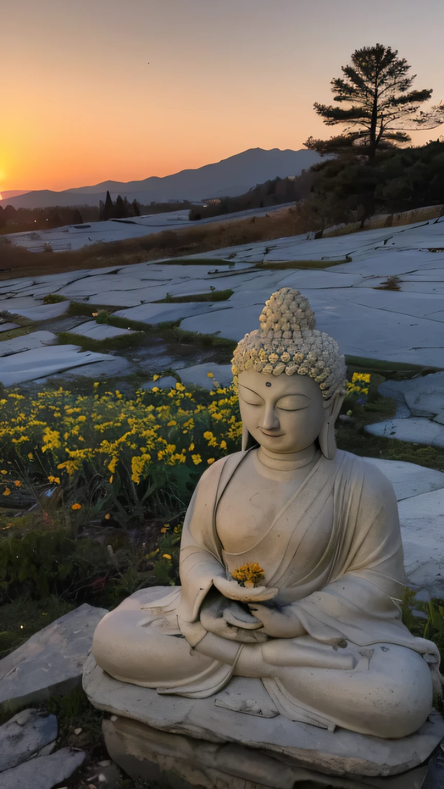 a buddha statue,made of granite,The Buddha statue withstood the baptism of wind and frost the year before last,Surface covered with cracks,One or two nameless yellow flowers will grow out of the dilapidated cracks,Very beautiful under the sunset