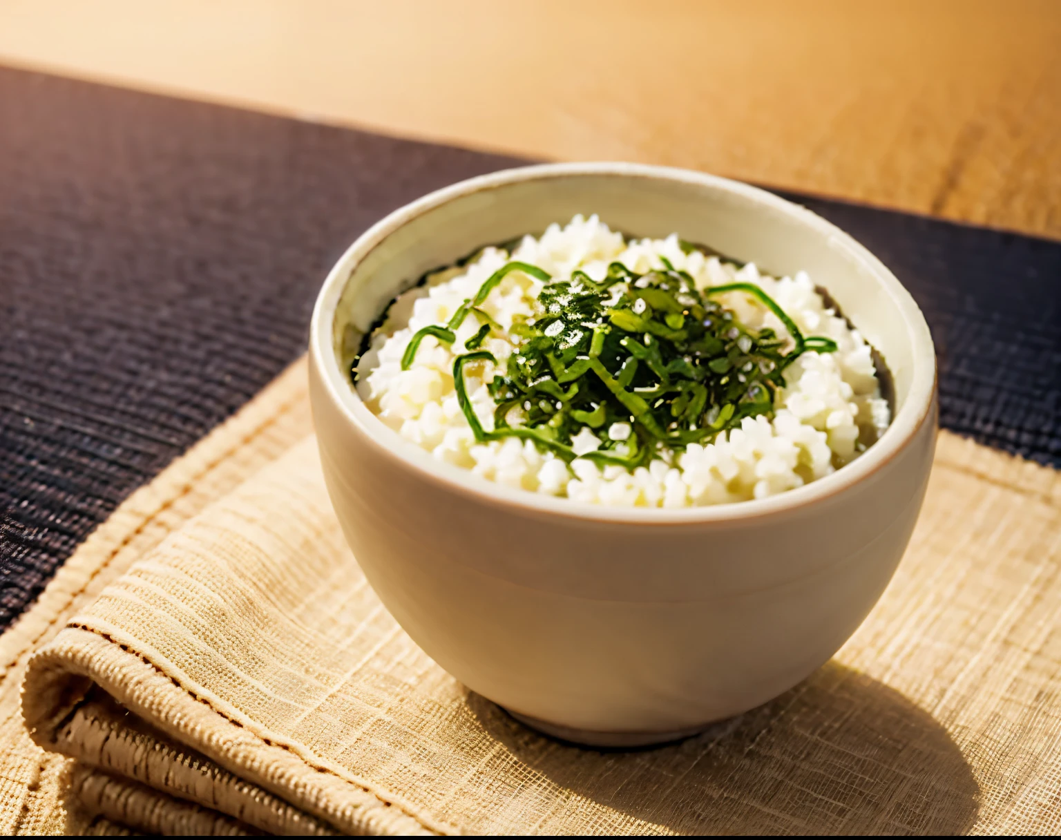 food, indoors, blurry, cup, no humans, food focus, still life, rice bowl,  realistic, cinematic lighting