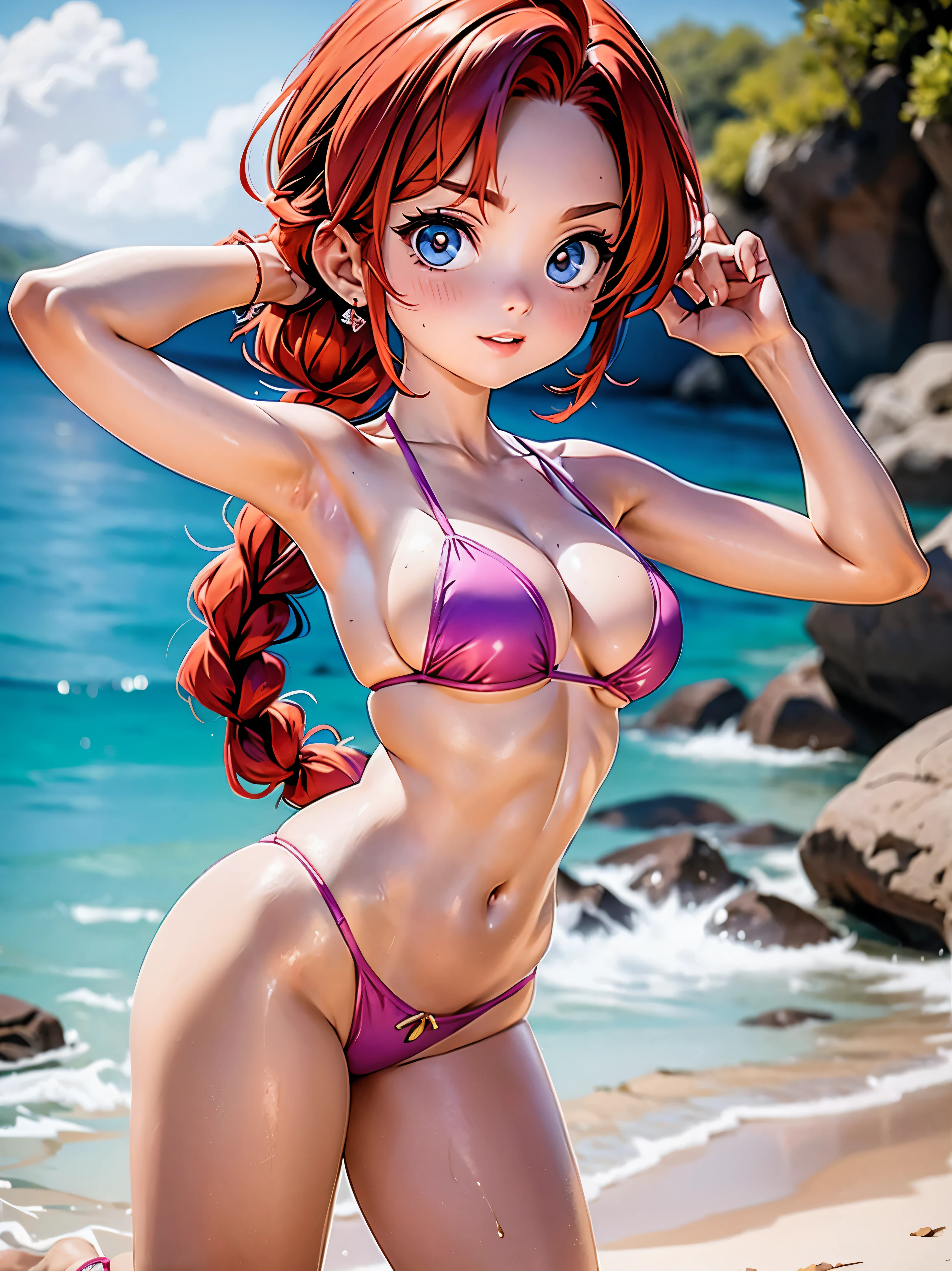 Redhead anime with pink and purple half-transparent bikini , saia, , corpo bonito, seios grandes, with hands behind head, running your hands through your hair, Garota sexy, red short hair with braid, mechas de cabelo laterais, mechas de cabelo na lateral do rosto, beautiful lighting, sombras suaves, olhos azuis, pernas bonitas, short hair with braid, estilo anime, Ranma Chan, Autora Rumiko Takahashi, Baseado em obra de Rumiko Takahashi, Anime Ranma 1/ 2, decote sexy, quadril robusto, corpo inteiro, corpo inteiro, busto grande, garota jovem com corpo belo e bonito, sandals on his feet, garota 16 anosbaixa estatura, usando bikini pink e purple meio transparente, garota anime, estilo anime, beautiful feet in sandals, 45° viewing angle, ao ar livre, red hair braid, grande , peito grande