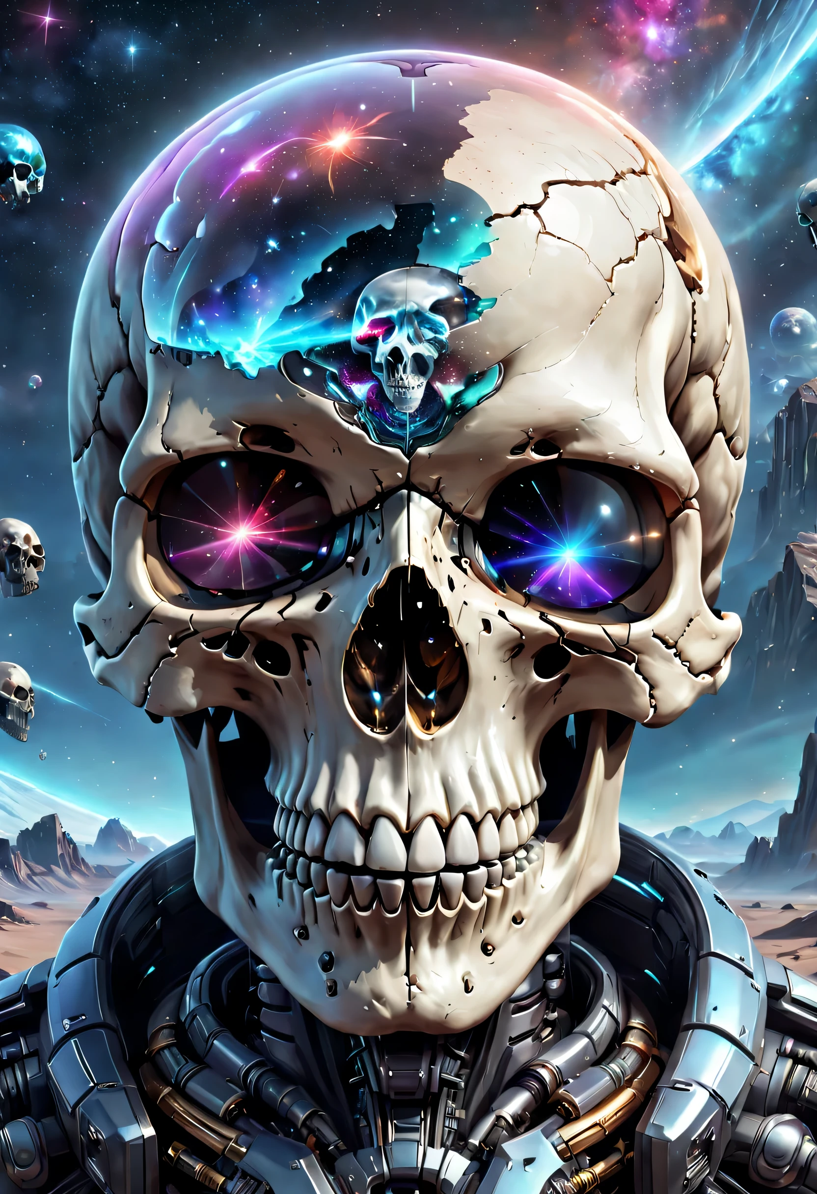 Best quality,A high resolution,Ultra-detailed,Realistic,Extremely detailed skull,Doubleexposure:1.8,Clear crystal skull,Sci-fi starry sky background,Doubleexposure，Interstellar，Endless space，ssee-through，depth of fieldasterpiece))，(Best quality))，Magnificent space image scene，Beautiful and colorful crystals，surrealism, Super detail, ccurate, Best quality, hyper HD, Masterpiece, Anatomically correct, A high resolution, 16k，(Best quality,4K,8K,A high resolution,Masterpiece:1.2),Ultra-detailed,Realistic,Transparent ethereal skull，Crystal skull，Futuristic skull，Crystal skull，Futuristic space background，Beautiful sci-fi art, Science-fi digital art illustration, Digital cyberpunk art, science fiction digital painting, futuristic digital painting, futuristic concept art, Interstellar landscape before a sci-fi film, science fiction digital art, Advanced digital cyberpunk art, Fantastic cyberpunk skull，Crystal skull