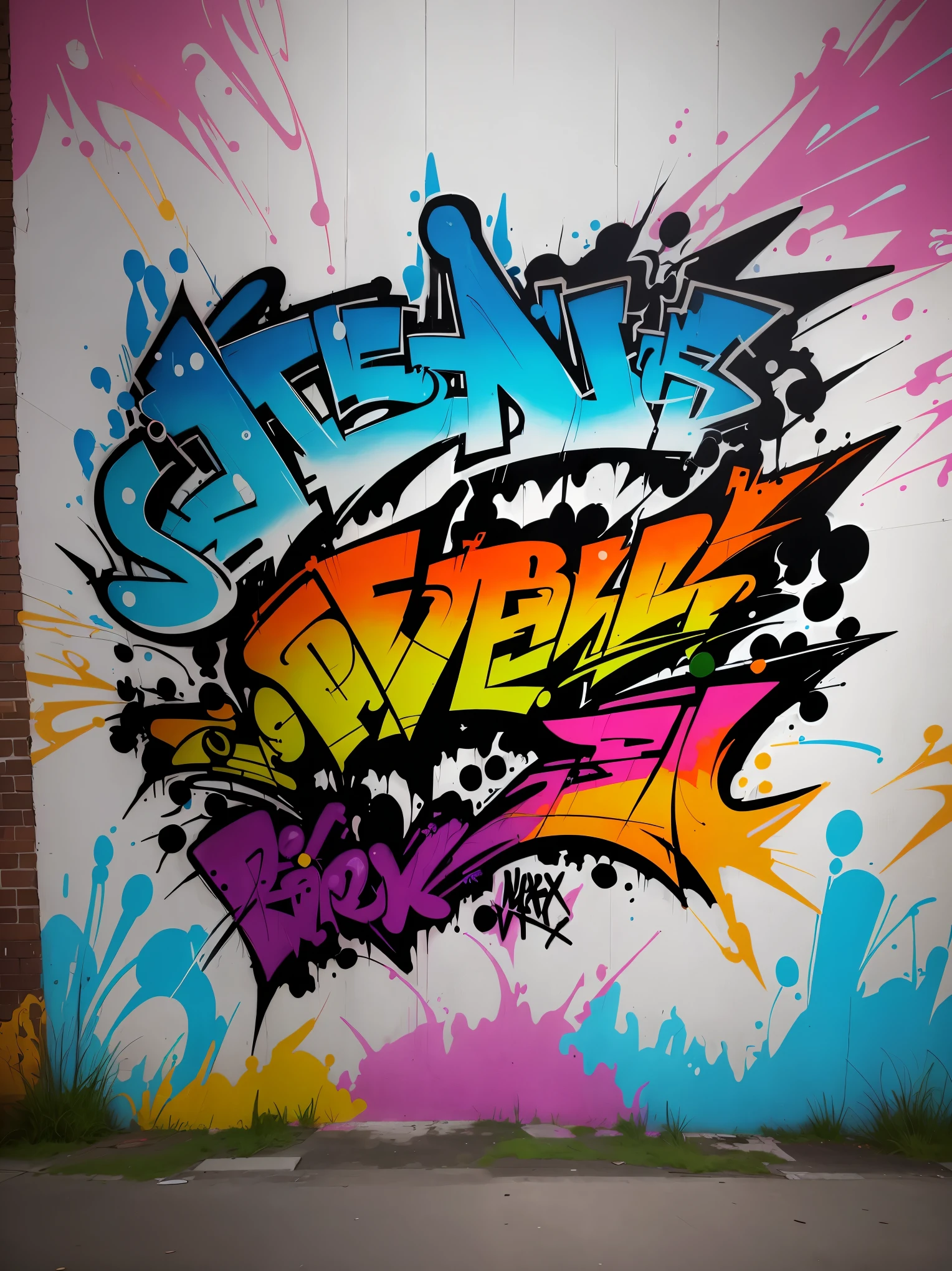 A colorful graffiti art on a weathered wall, vibrant and full of life, bringing comic characters to life. Extremely detailed, urban street scene, eye-catching characters, realistic graffiti art style, pop culture aesthetics, vivid colors, detailed artwork, murals, whimsical interactions, street art culture, artistic expression, urban environment, dynamic composition, rich textures, professional graffiti artist, energetic atmosphere, hip-hop culture, animated characters, bold lines, urban lifestyle, modern art, urban decay, creative expression, art on the streets, youth subculture.
