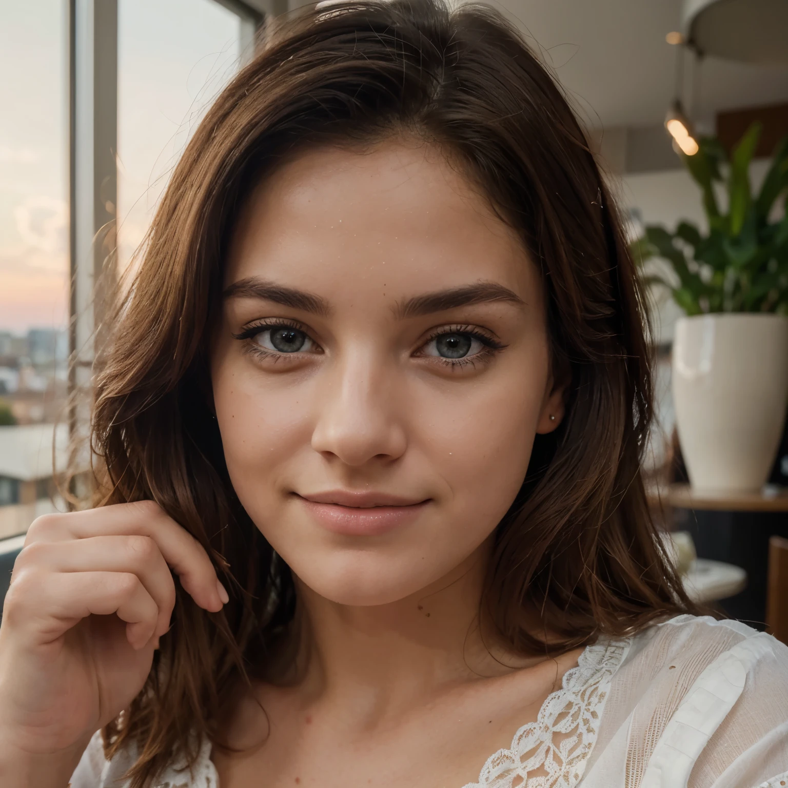 belle blonde portant un pull rose (Sip coffee in a modern cafe at sunset), Very detailed, 21 ans, visage innocent, natural wavy hair, yeux bleus, high resolution, chef-d'artwork, best quality, intricate details, Very detailed, Sharpness, detailed skin, realistic skin Texture, Texture, Detailed eyes, professionnel, 4K, Sourire charmant, shot with Canon, 85mm, faible profondeur de champ, couleur de vision kodak, corps parfaitement ajusté, extremely detailed, Photo_\(ultra\), photorealistic, realistic, Post-traitement, maximum detail, roughness, vrai vie, ultra realistic, Photorealism, la photographie, 8k UHD, la photographie,gros seins