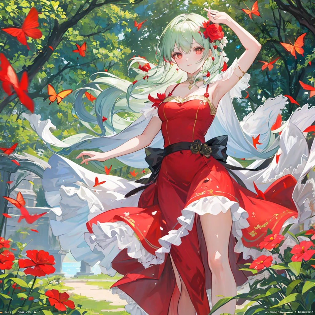 a girl in a red dress, dancing gracefully in a lush garden, surrounded by vibrant flowers and butterflies, with sunlight filtering through the trees. There's a sense of joy and freedom in her movements as she twirls and leaps in the air. Her eyes sparkle with happiness, and her long, flowing hair adds to the elegance of her dance. The soft breeze gently rustles the leaves, creating a soothing atmosphere. The painting captures the beauty and serenity of the moment, with a mix of realism and dreamlike qualities. The colors are vivid and vibrant, with warm tones dominating the scene. The lighting is bright, highlighting the girl's figure and creating a sense of depth. The overall image is of the highest quality, with fine details and intricate brushstrokes bringing the artwork to life.