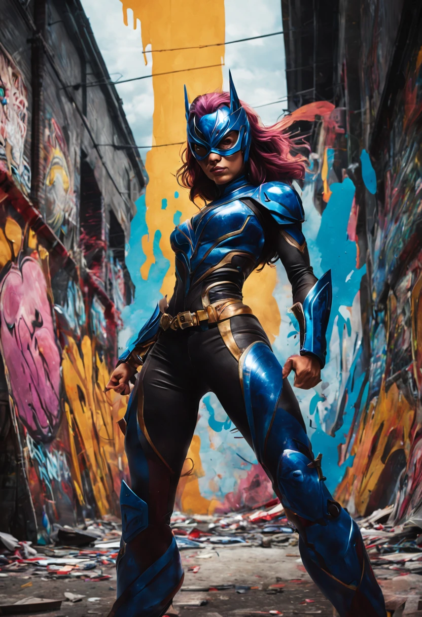 best quality,4k,highres,masterpiece:1.2,ultra-detailed,realistic,photorealistic:1.37,comic book style,gritty feel,strong lines,powerful poses,vibrant colors,street art,urban setting,graffiti-covered walls,stunning action scenes,epic battles,heroic expressions,dynamic composition,explosive energy,iconic symbol designs,shining armor,glistening muscles,extravagant costumes,intense facial expressions,fierce rivalry,contrasting personalities,hidden messages within the artwork,chromatic contrast,playful and expressive typography,different art styles for each character,attention-grabbing backgrounds,character interactions and dialogue,phenomenal powers and abilities,superhuman strength,super speed,acrobatic movements,superb lighting effects,shadows and highlights,dramatic camera angles,realistic textures and materials,ink splatters and drips,authentic graffiti style-tags,onomatopoeic sound effects.