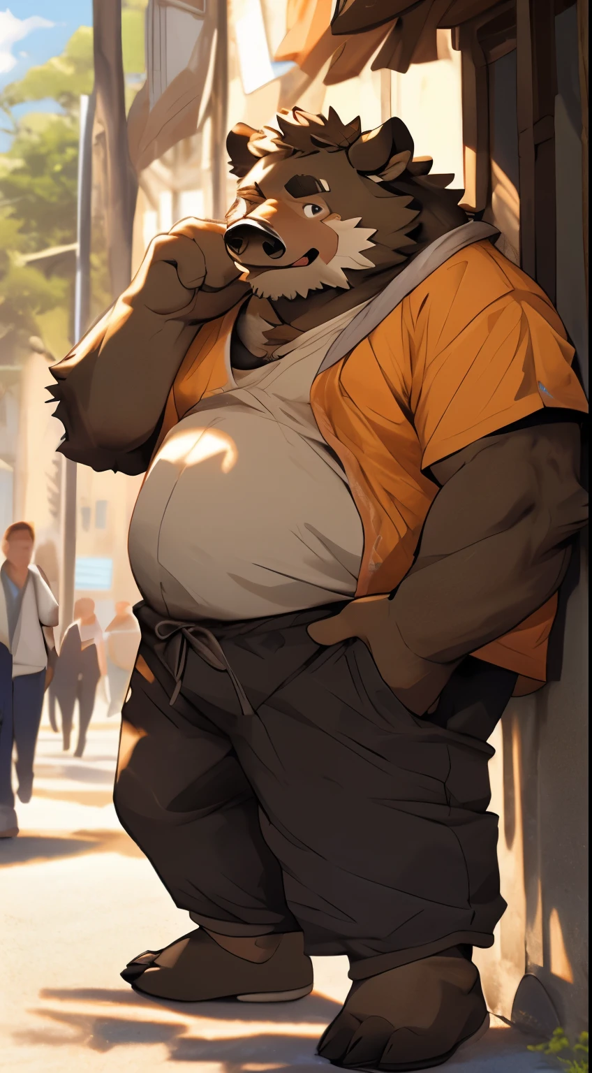 (best quality,4k,high resolution,photo-realistic:1.2),wild boar:1.1,pig,fluffy,brown-haired,chubby,naked,powerful,super clear,middle-aged man,uncle,black sweatpants,provocative,orange eyes,big eyes:1.1,sticking out tongue,abs,soft belly,tattered clothes,sweating,large penis,rustic style,large,looking at the audience,facing the street