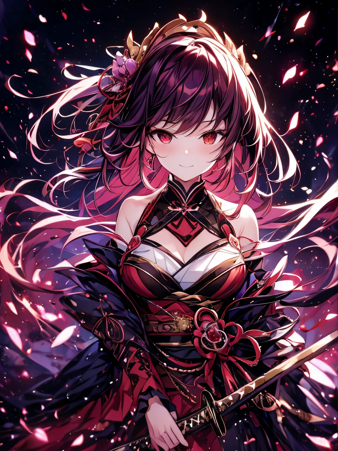 best quality,4K,high resolution),Ultradetailliert,realistisch,portrait, Lila Samurai Sukkubus mit einen katana dunkelrotem Haar, a purple-dark red spring dress with gold trim and bright red eyes, Leuchtende Farben, delicate features, seductive glance, Charming smile, wallende Haare, sanfte Beleuchtung