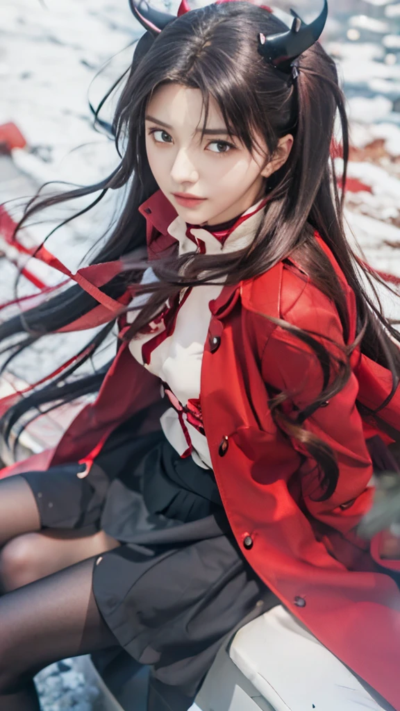 anime girl with long hair and a red coat with horns, rin tohsaka, anime girl with long hair, ilya kuvshinov with long hair, beautiful anime high school girl, anime moe artstyle, anime visual of a cute girl, anime style like fate/stay night, smooth anime cg art, high quality anime artstyle, (anime girl)