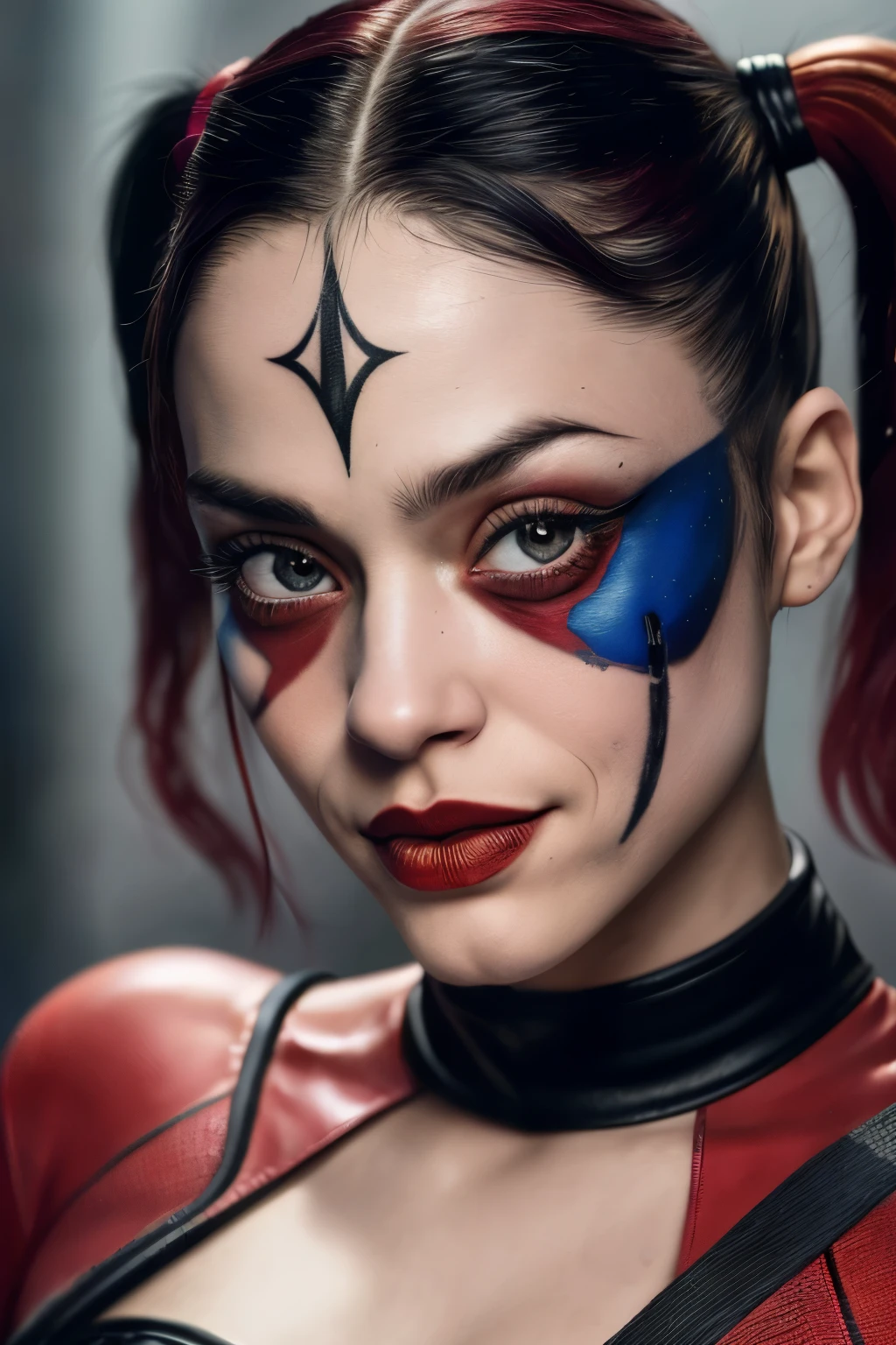 Chaeyoung, A king joker, half face robotic, realistic, smok, large shot::75 panoramic ::75 atmospheric ::22 intricate fine ornemental::80 cinematic ::80 hyper realism ::100 mono directional light::45 caustics ::30 blade runner ::5 david lynch inspiration ::4 terry gilliam inspiration ::8 the dark knight inspiration ::9 joker inspiration ::11 crystalcore ::25 high detail ::100 octane redshift lumion render 8k ::90 concept art ::1 hyper detailed, insane details, intricate ::22 elite, ornate, elegant, luxury, realist ::100 octane render, weta digital, ray trace, 8k