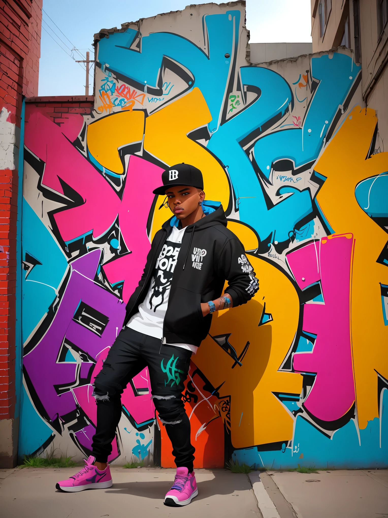 A colorful graffiti art on a weathered wall, vibrant and full of life, bringing comic characters to life. Extremely detailed, urban street scene, eye-catching characters, realistic graffiti art style, pop culture aesthetics, vivid colors, detailed artwork, murals, whimsical interactions, street art culture, artistic expression, urban environment, dynamic composition, rich textures, professional graffiti artist, energetic atmosphere, hip-hop culture, animated characters, bold lines, urban lifestyle, modern art, urban decay, creative expression, art on the streets, youth subculture.

