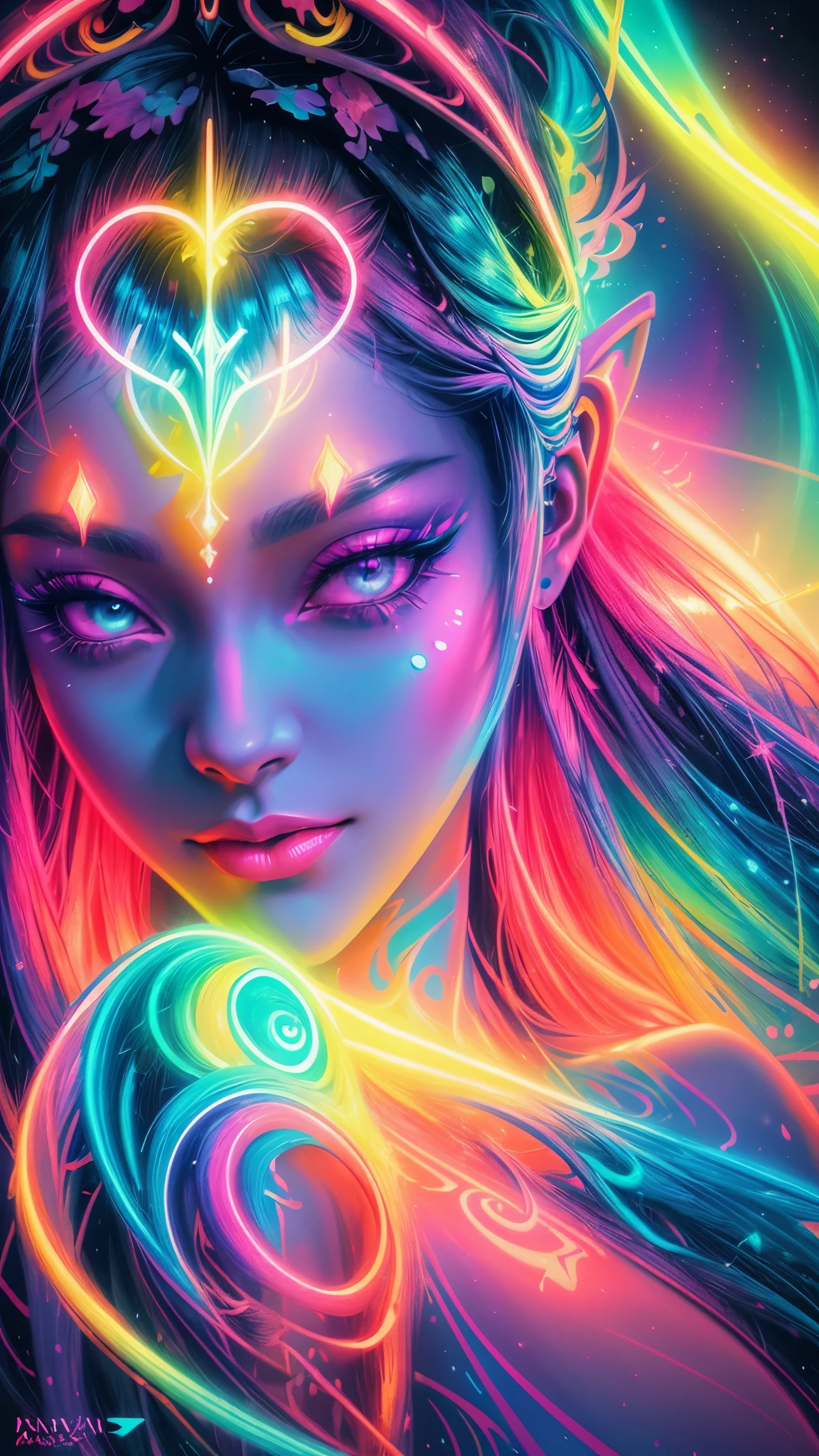 a woman with bright hair and sunglasses holding a heart shaped object, neon digital art, neon light and fantasy, ultraviolet and neon colors, colorful digital art, colorfull digital fantasy art, 3 d neon art of a womens body, neon art style, gorgeous digital art, colourful digital art, neon art, neon coloring, psychedelic digital art, colorful art, vibrant neon colors