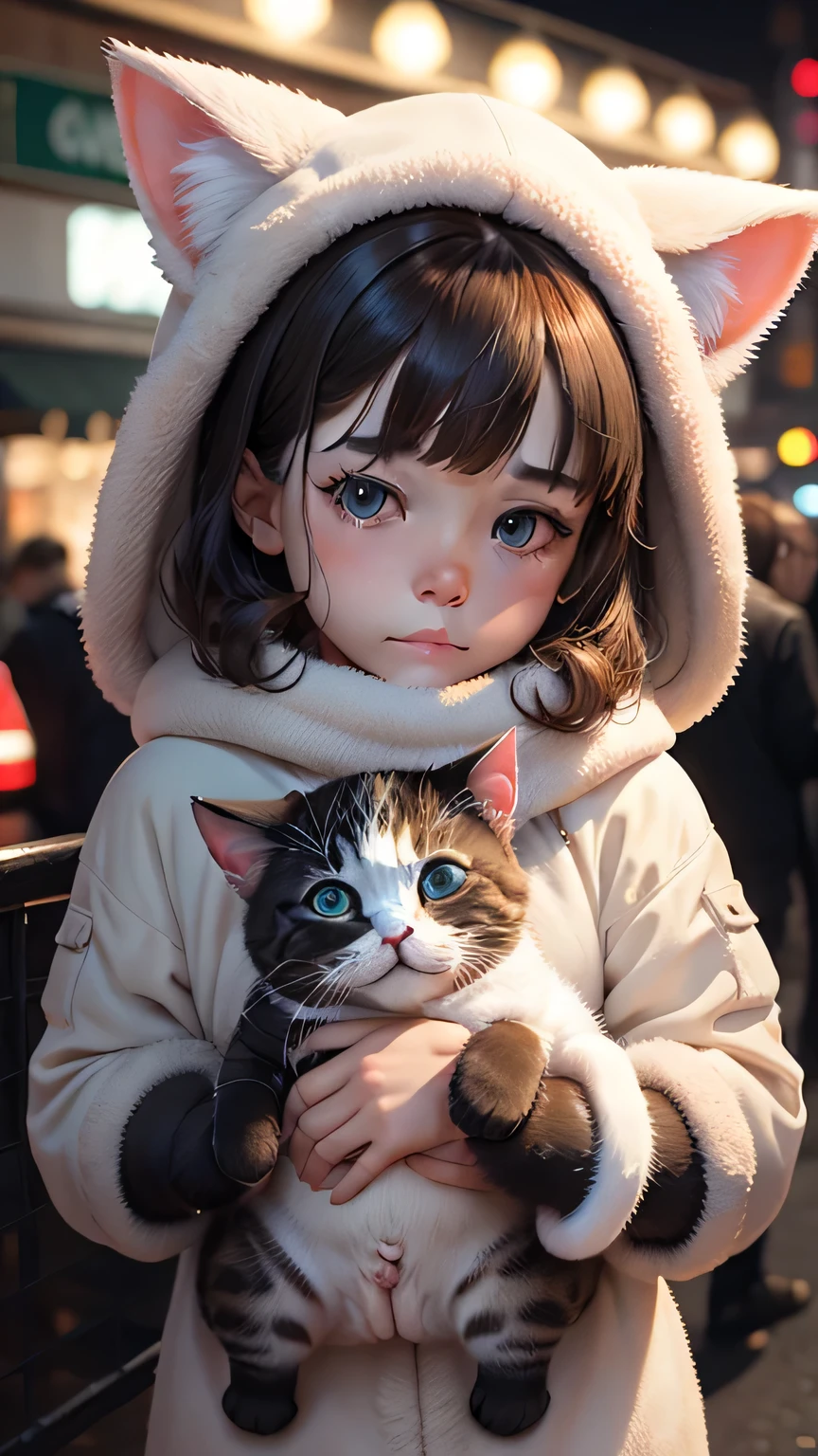 portrait, Cute cat puppy in sheep clothes, weak light, Looks grumpy, Night city neon 8K