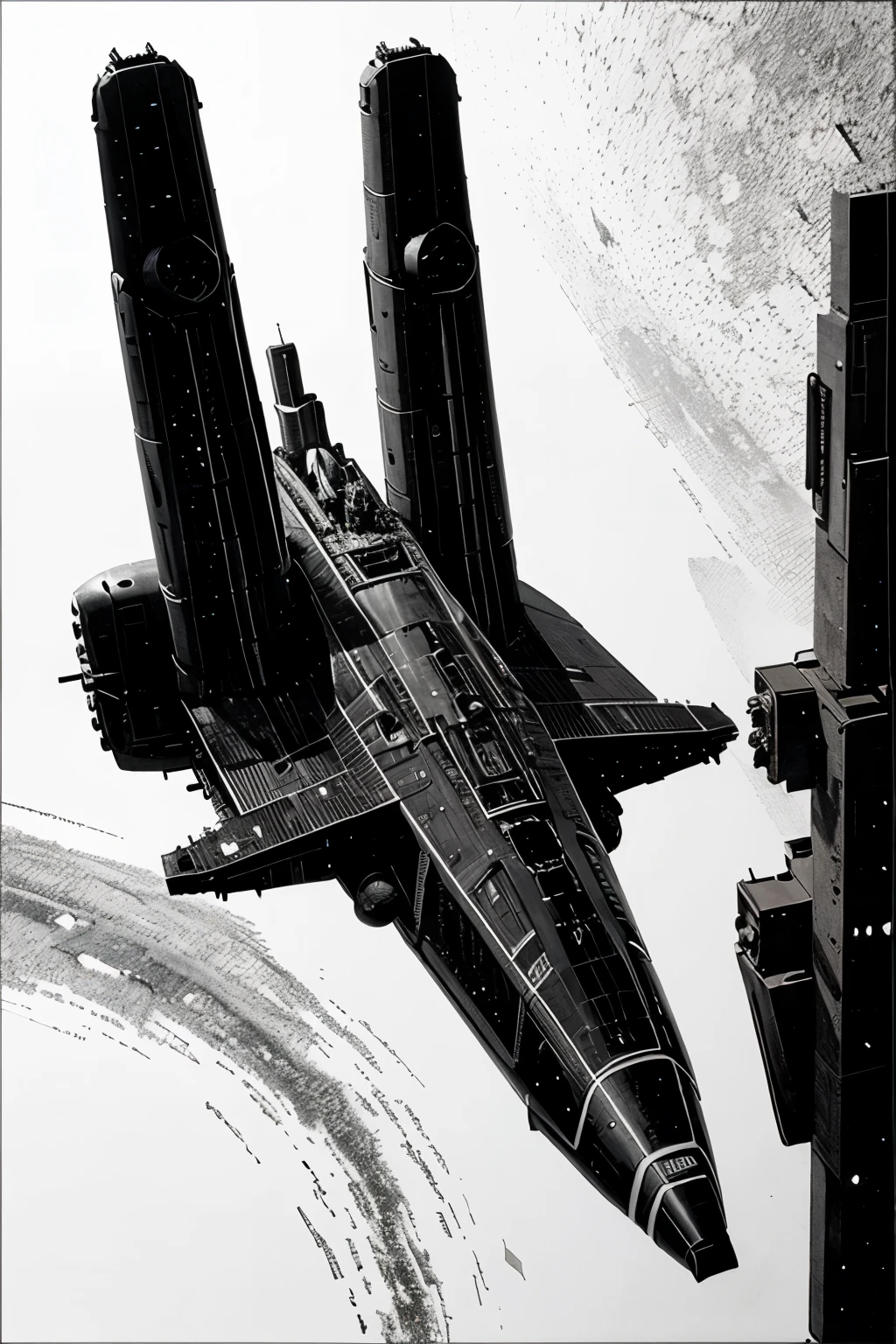 Hyperion, big spacecraft, drawing by Jean Giraud, black and white.