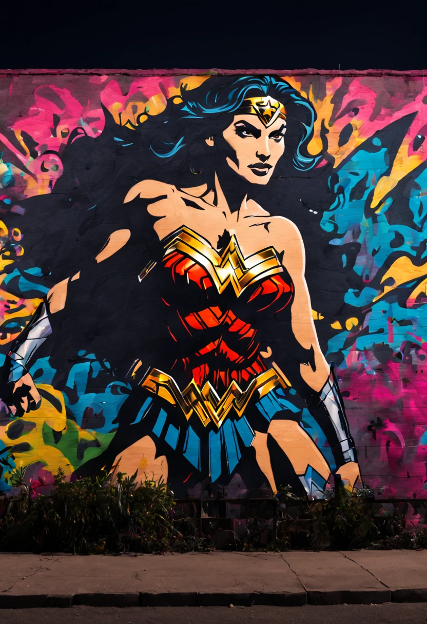 A close-up shot of a mysterious figure spray-painting a massive mural on an urban wall at night, illuminated only by the streetlights. The mural depicts a comic scene of Wonder Woman, Batman, Superman and Black Panthere, with vibrant colors that seem to glow in the dark. The figure's silhouette is detailed, with hints of their identity hidden in the shadows. Created Using: chiaroscuro lighting, vivid neon colors, silhouette mystery, storytelling through art, dynamic angles, night-time ambiance, graffiti artistry, urban legend,   visual narrative 