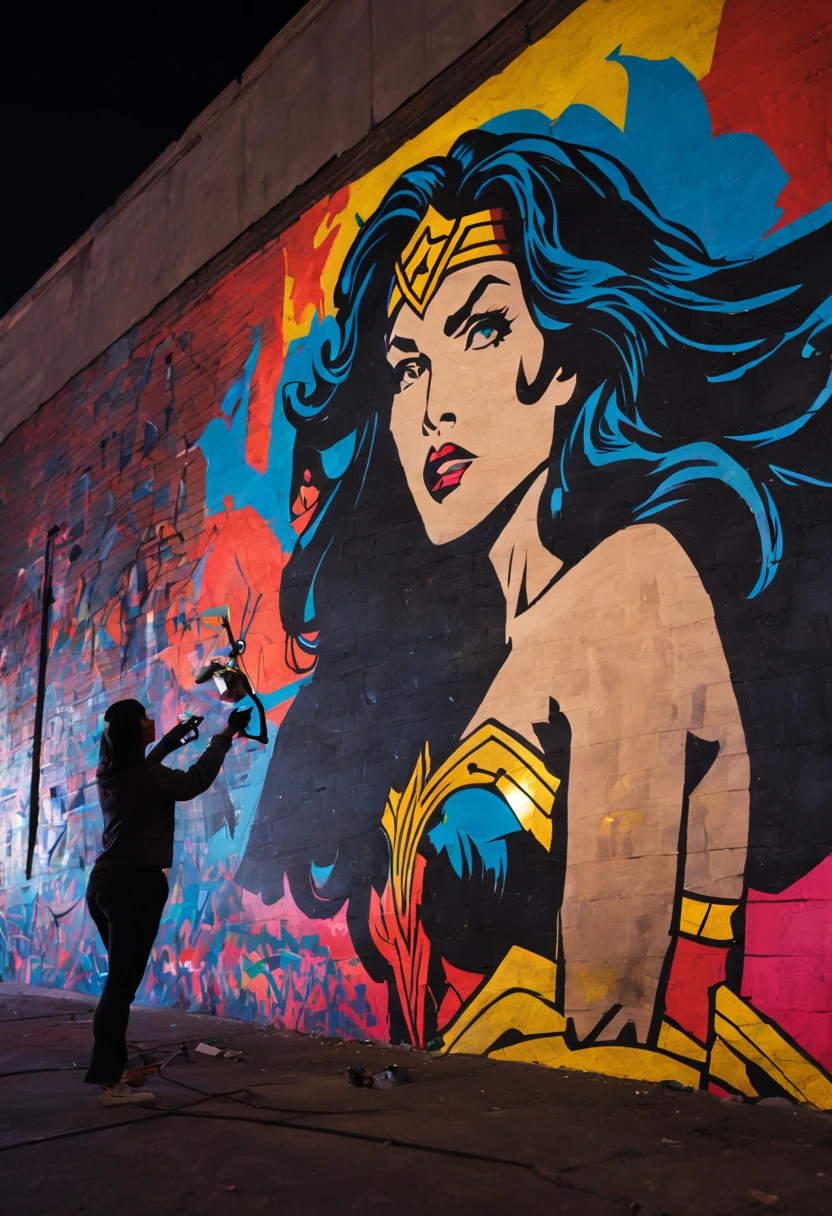 A close-up shot of a mysterious figure spray-painting a massive mural on an urban wall at night, illuminated only by the streetlights. The mural depicts a comic scene of Wonder Woman, Batman, Superman and Black Panthere, with vibrant colors that seem to glow in the dark. The figure's silhouette is detailed, with hints of their identity hidden in the shadows. Created Using: chiaroscuro lighting, vivid neon colors, silhouette mystery, storytelling through art, dynamic angles, night-time ambiance, graffiti artistry, urban legend,   visual narrative 