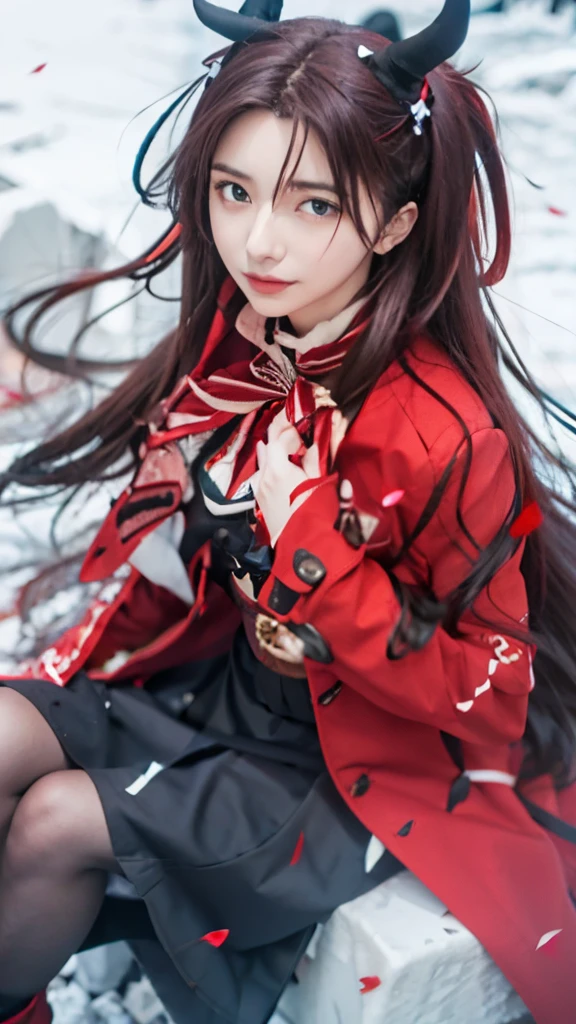 anime girl with long hair and a red coat with horns, rin tohsaka, anime girl with long hair, ilya kuvshinov with long hair, beautiful anime high school girl, anime moe artstyle, anime visual of a cute girl, anime style like fate/stay night, smooth anime cg art, high quality anime artstyle, (anime girl)