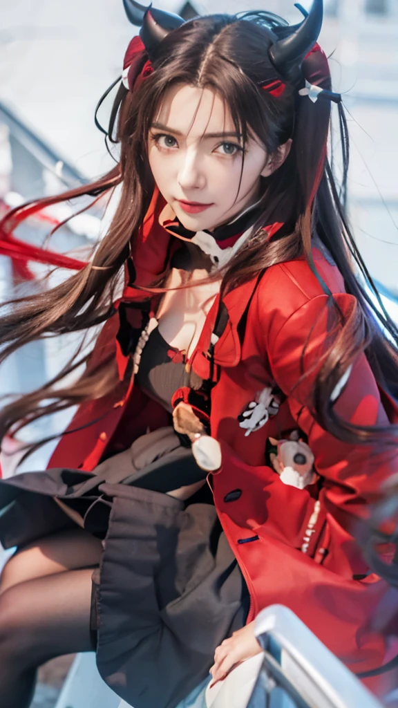 anime girl with long hair and a red coat with horns, rin tohsaka, anime girl with long hair, ilya kuvshinov with long hair, beautiful anime high school girl, anime moe artstyle, anime visual of a cute girl, anime style like fate/stay night, smooth anime cg art, high quality anime artstyle, (anime girl)