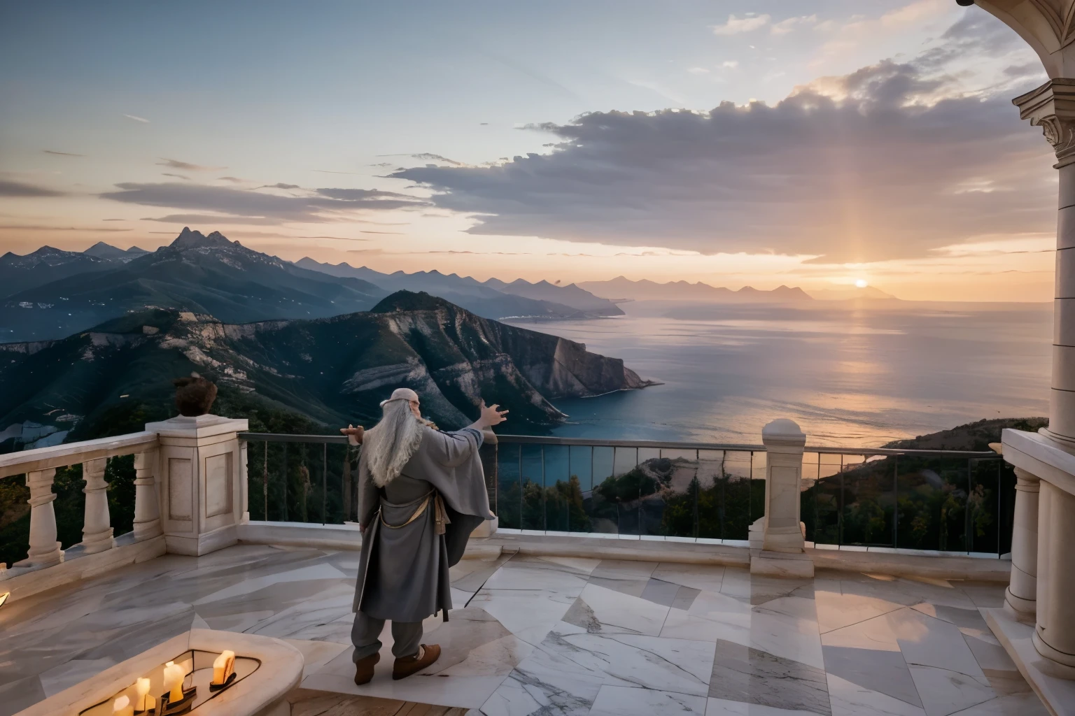 High angle view of marble balcony, Gandalf the grey wizard with long white beard standing on the left side looking right, hand outstretched sunset sea mountains background (8k, masterpiece) sunset on the right side