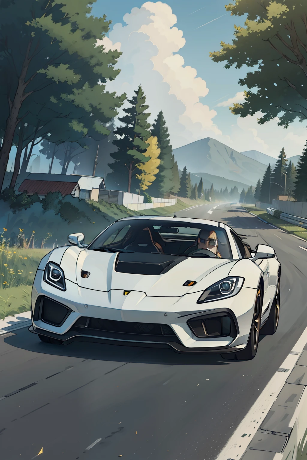 A sleek sports car speeds down the road, its shiny metallic body glinting in the sunlight. The engine roars powerfully, leaving a trail of dust behind as it picks up speed. The landscape passes by in a blur, with trees and buildings reducing to mere smudges on the horizon. The scene is captured in stunning 4k resolution, bringing every detail of the sports car and its surroundings to life. Realistic textures and reflections add depth and authenticity to the image, making it an enjoyable visual experience.