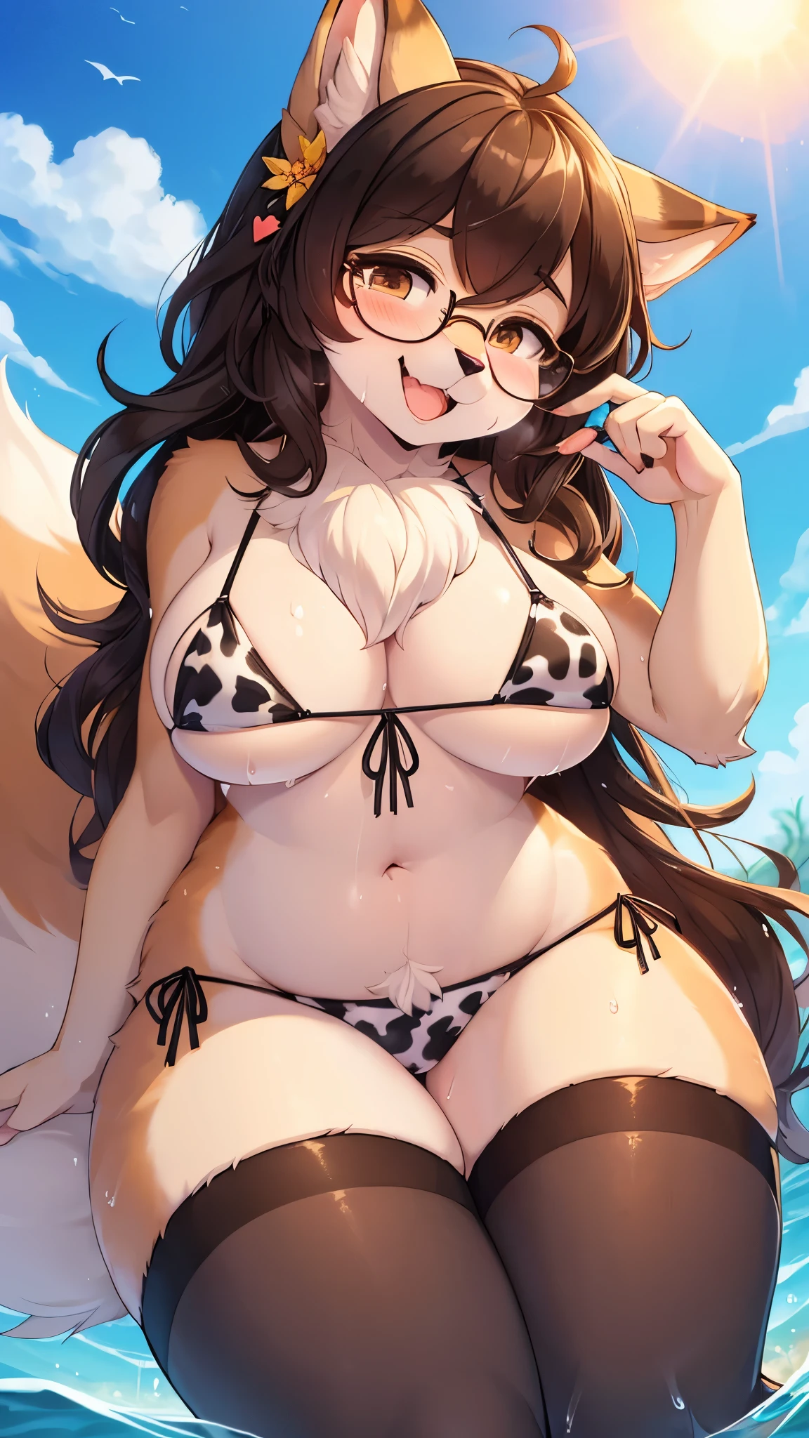 best quality,best resolution,(fluffy anthro furry :1.8),fox girl,dark brown short hair,black fur,wavy hair,pubic fur,stomach fur,neck fur,thigh fur,thick thigh,micro bikini cow print,cow print stocking,legs in sea,sun beam,very hot,sweat breasts,sweat thigh,water splash,looking at viewer,smile,full face blush,glasses,flora hairpin,hand at knee,lovely face,smile,open mouth,heart eyes,upper body only,erotic pose,low angle