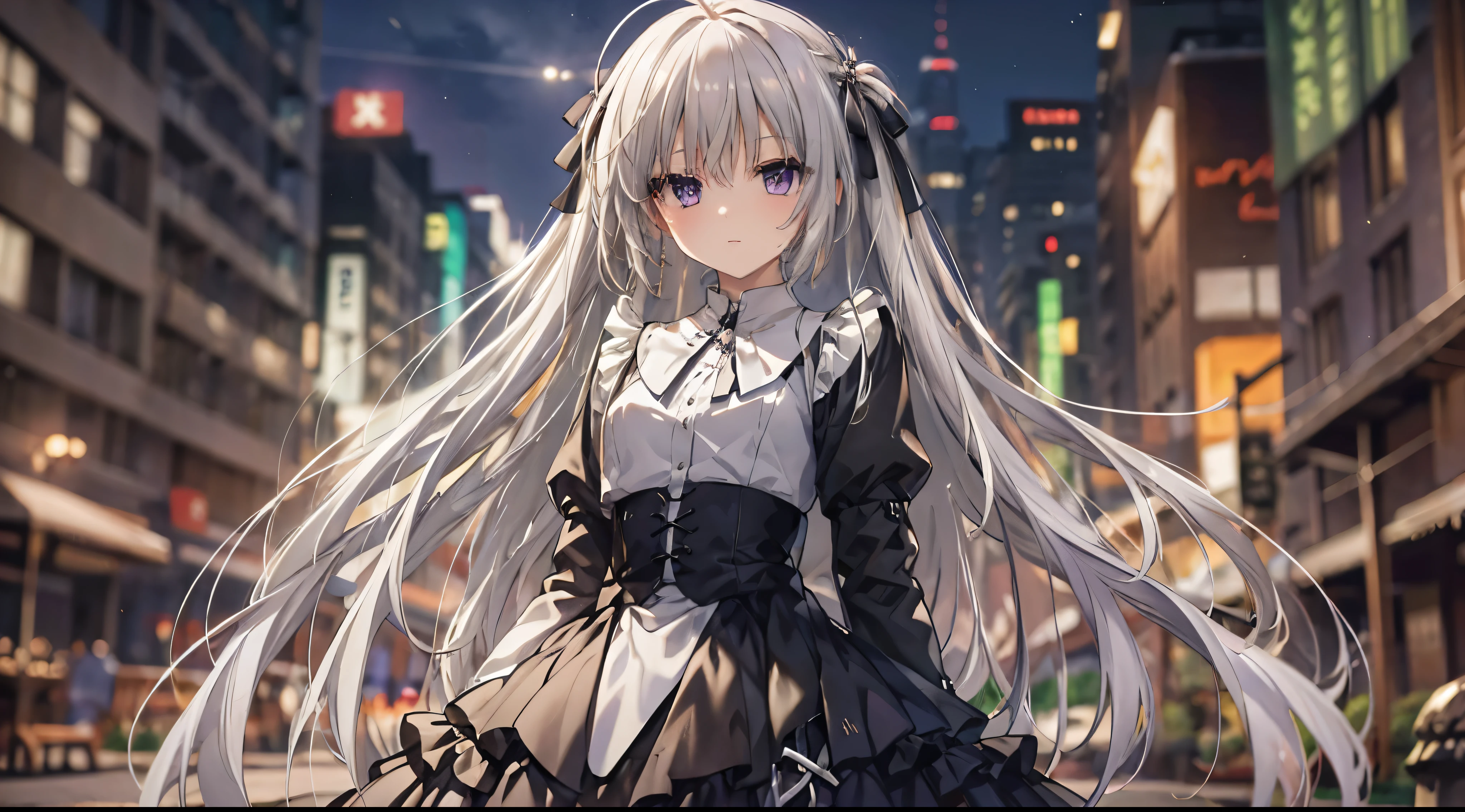 masterpiece, best quality, long hair, silver hair, purple eyes, wind, messy hair, Outdoor activities, night, black skirt,