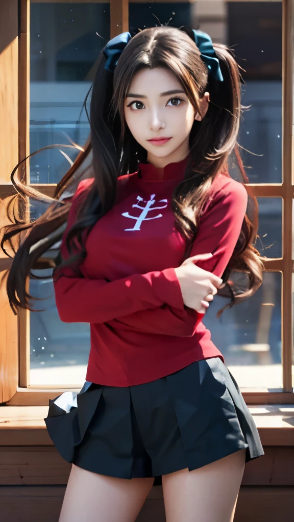 a girl with long hair and a red shirt standing in front of a window, anime girl with long hair, anime style like fate/stay night, anime visual of a cute girl, rin tohsaka, nezuko-chan, nezuko, an anime girl, anime moe artstyle, young anime girl, female anime character, cute anime girl