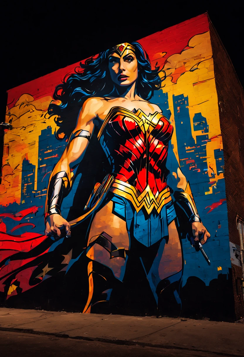 A close-up shot of a mysterious figure spray-painting a massive mural on an urban wall at night, illuminated only by the streetlights. The mural depicts a comic scene of (((Wonder Woman, Batman, Superman and Black Panthere))), with vibrant colors that seem to glow in the dark. The figure's silhouette is detailed, with hints of their identity hidden in the shadows. Created Using: chiaroscuro lighting, vivid neon colors, silhouette mystery, storytelling through art, dynamic angles, night-time ambiance, graffiti artistry, urban legend, visual narrative