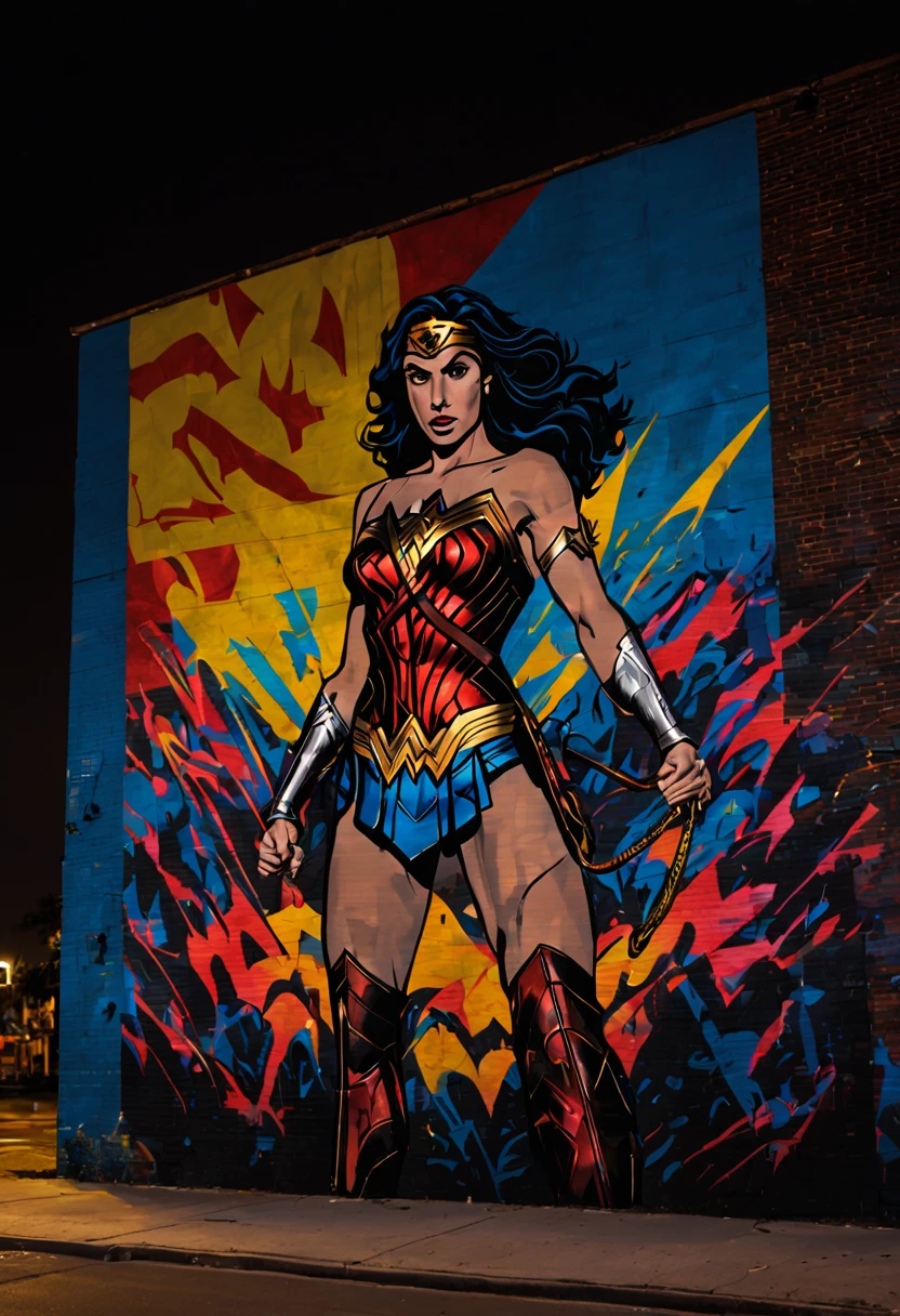 A close-up shot of a mysterious figure spray-painting a massive mural on an urban wall at night, illuminated only by the streetlights. The mural depicts a comic scene of (((Wonder Woman, Batman, Superman and Black Panthere))), with vibrant colors that seem to glow in the dark. The figure's silhouette is detailed, with hints of their identity hidden in the shadows. Created Using: chiaroscuro lighting, vivid neon colors, silhouette mystery, storytelling through art, dynamic angles, night-time ambiance, graffiti artistry, urban legend,   visual narrative 