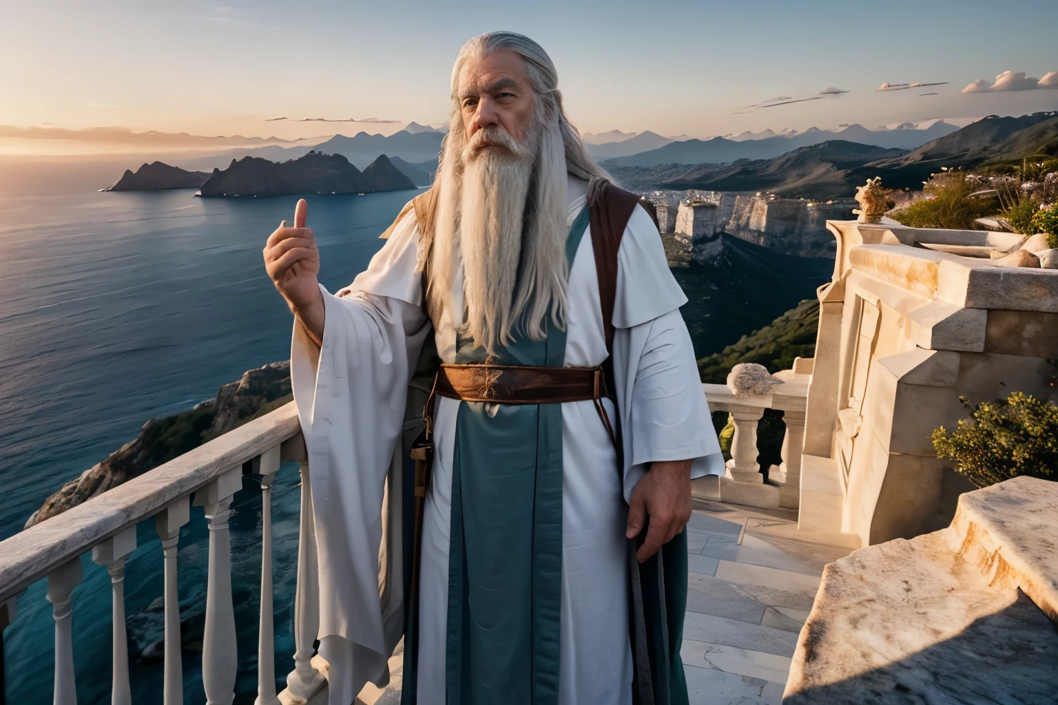 High angle view of marble balcony, Gandalf wizard with long white beard standing on the left side looking right, hand outstretched sunset sea mountains background (8k, masterpiece)