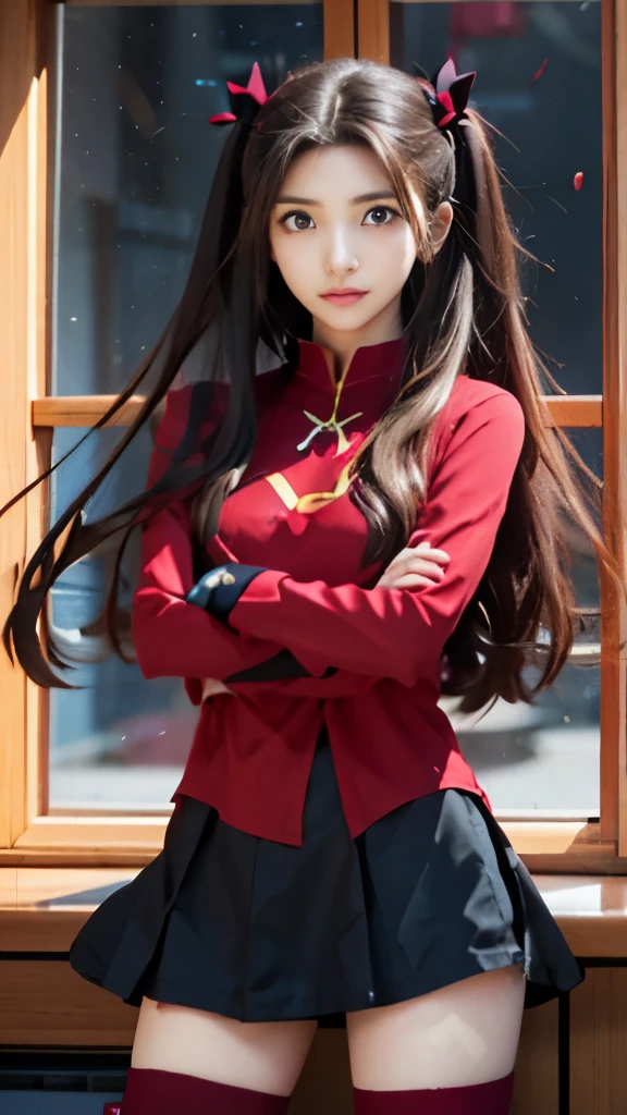 a girl with long hair and a red shirt standing in front of a window, anime girl with long hair, anime style like fate/stay night, anime visual of a cute girl, rin tohsaka, nezuko-chan, nezuko, an anime girl, anime moe artstyle, young anime girl, female anime character, cute anime girl