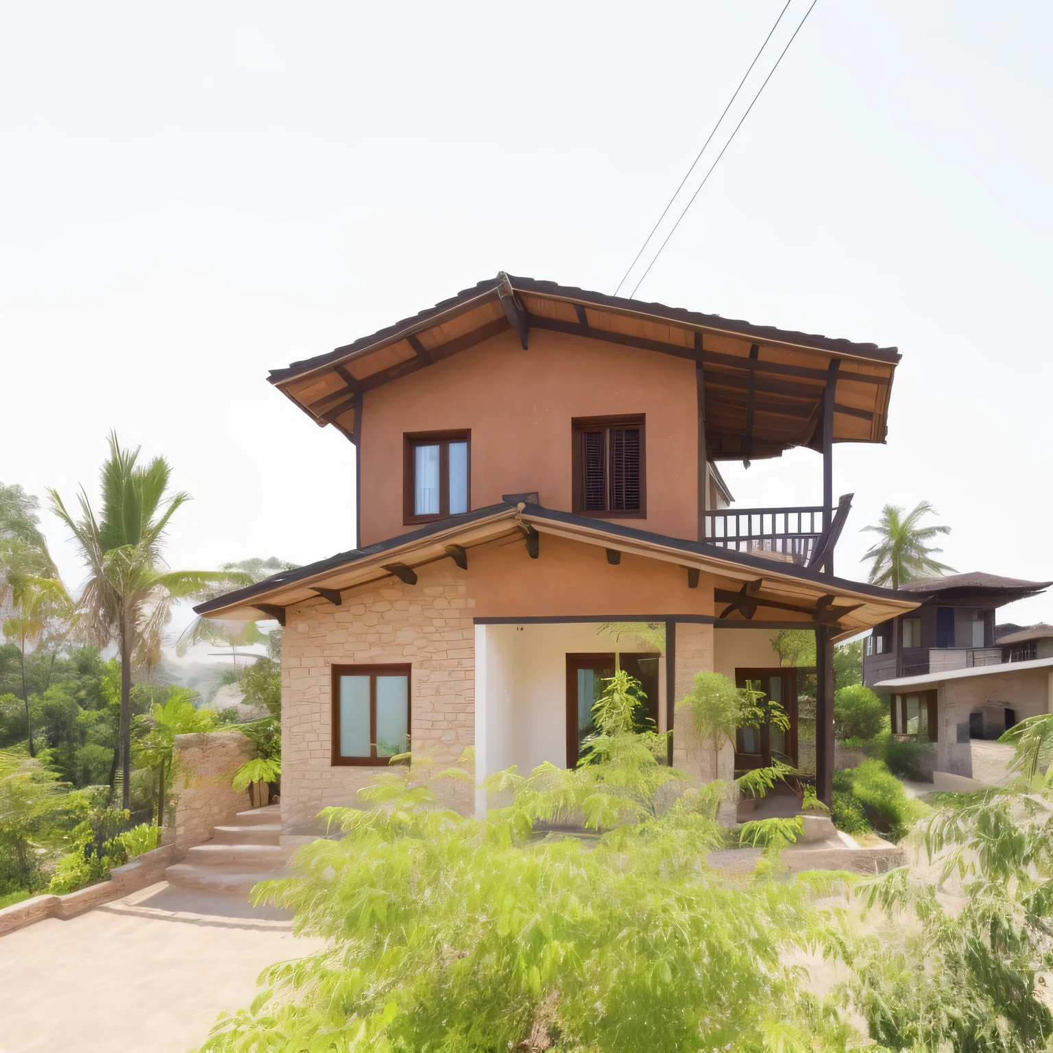 there is a small house with a balcony and a balcony on the second floor, frontview, front-view, front view, outside view, exterior view, centre image, village house, inter dimensional villa, front side view, frontal picture, front facing view, complete house, frontal view, front side, front facing, old house, seen from outside