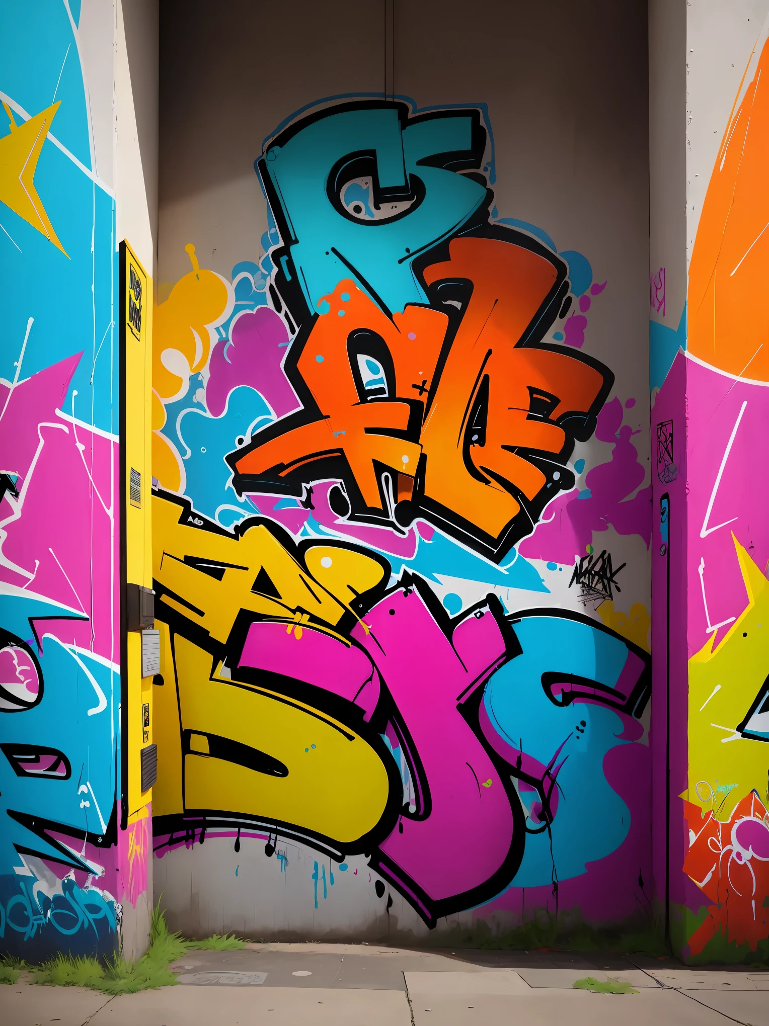 A colorful graffiti art on a weathered wall, vibrant and full of life, bringing comic characters to life. Extremely detailed, urban street scene, eye-catching characters, realistic graffiti art style, pop culture aesthetics, vivid colors, detailed artwork, murals, whimsical interactions, street art culture, artistic expression, urban environment, dynamic composition, rich textures, professional graffiti artist, energetic atmosphere, hip-hop culture, animated characters, bold lines, urban lifestyle, modern art, urban decay, creative expression, art on the streets, youth subculture.
