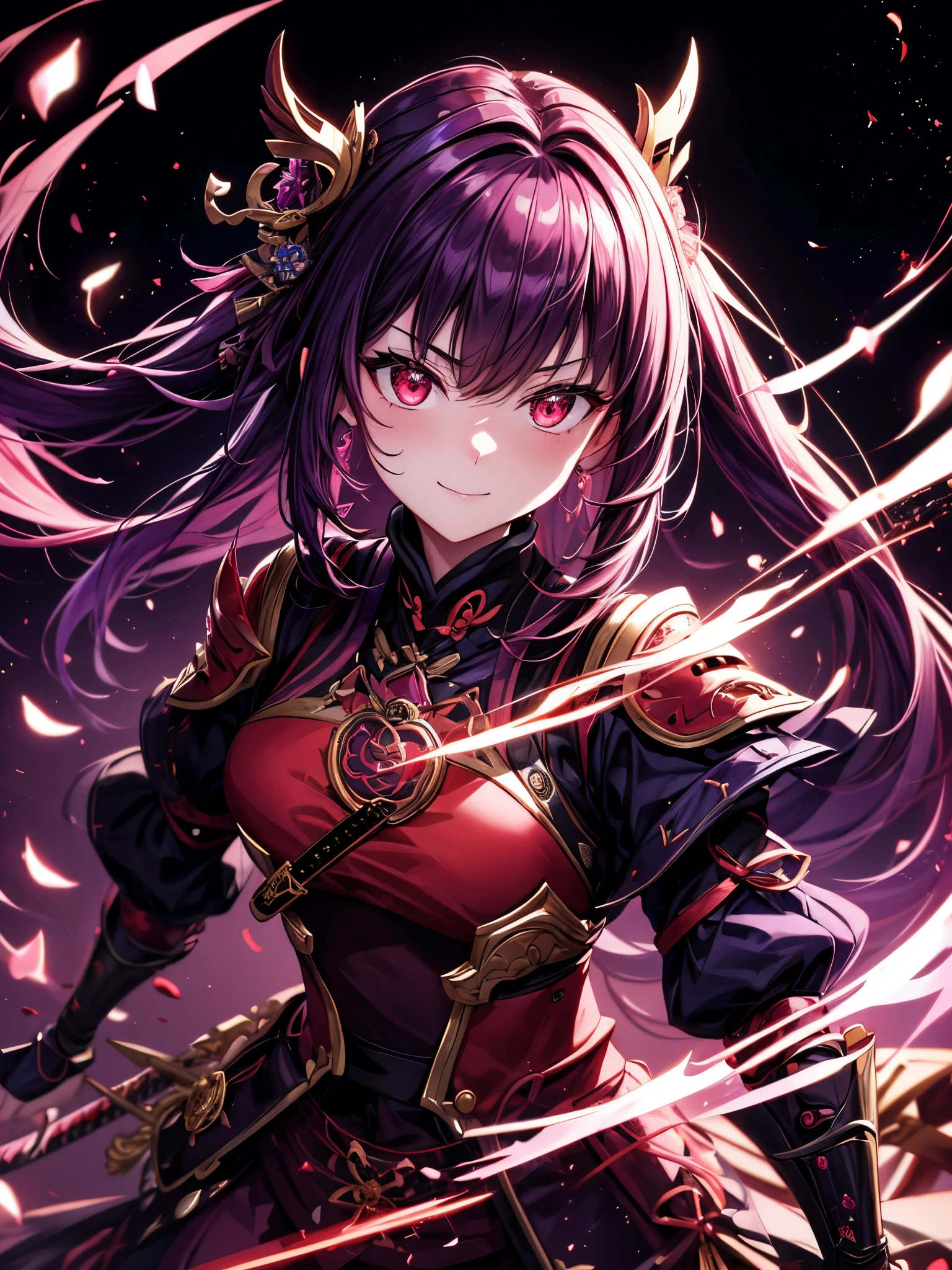 best quality,4K,high resolution),Ultradetailliert,realistisch,portrait, Lila Samurai Sukkubus mit einen katana dunkelrotem Haar, a purple-dark red armor with gold neon lights with gold trim and glowing red eyes, Leuchtende Farben, delicate features, seductive glance, Charming smile, wallende Haare, sanfte Beleuchtung