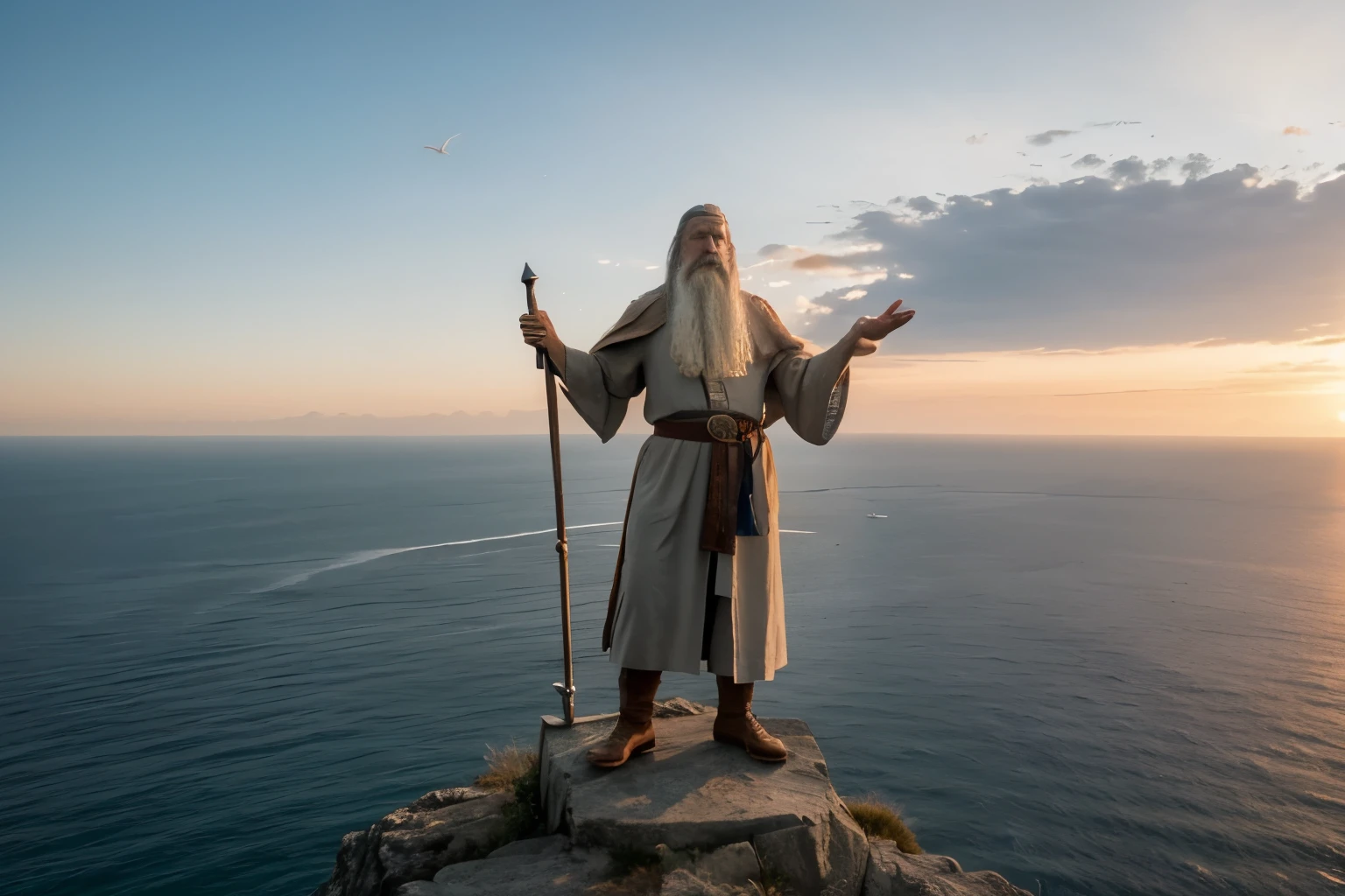 High angle view of Gandalf wizard with long white beard standing on the left side looking right on top of the tower hand outstretched sunset sea background (8k, masterpiece)