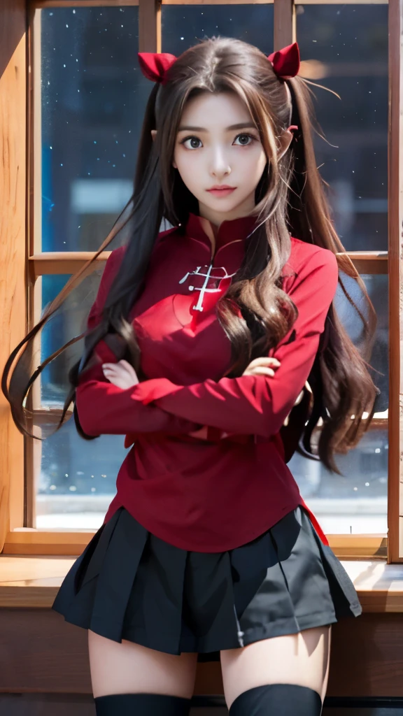 a girl with long hair and a red shirt standing in front of a window, anime girl with long hair, anime style like fate/stay night, anime visual of a cute girl, rin tohsaka, nezuko-chan, nezuko, an anime girl, anime moe artstyle, young anime girl, female anime character, cute anime girl