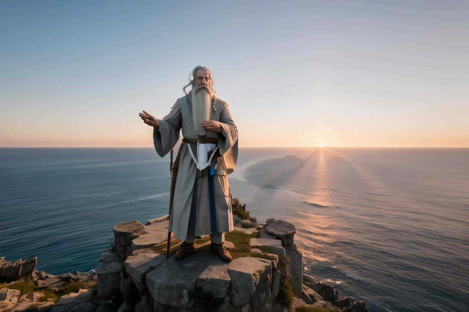 High angle view of Gandalf wizard with long white beard standing on the left side looking right on top of the tower hand outstretched sunset sea background (8k, masterpiece)