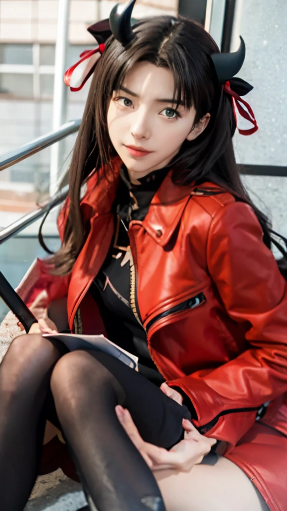 anime girl with long hair and a red coat with horns, rin tohsaka, anime girl with long hair, ilya kuvshinov with long hair, beautiful anime high school girl, anime moe artstyle, anime visual of a cute girl, anime style like fate/stay night, smooth anime cg art, high quality anime artstyle, (anime girl)