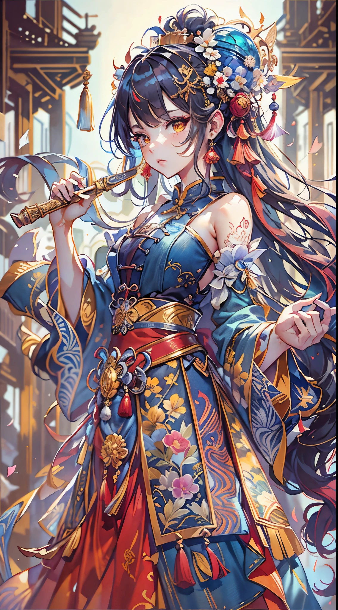 best quality, masterpiece, Super detailed high resolution, (actual: 1.4), Watercolor style, illustration, Dazzling background colors,girl holding weapons, (Solo exhibition: 1.2), (denim lenses: 1.2), (hair crown: 1.2), Traditional chinese dunhuang style clothes, Strapless, (red eyeliner: 1.2), (: 1.4), earrings, dynamic angle, opera house, messy_long_hair, ink, lamp, lens_flare, velvet, chrysanthemum, tassel, ribbon, Colorful embroidery,