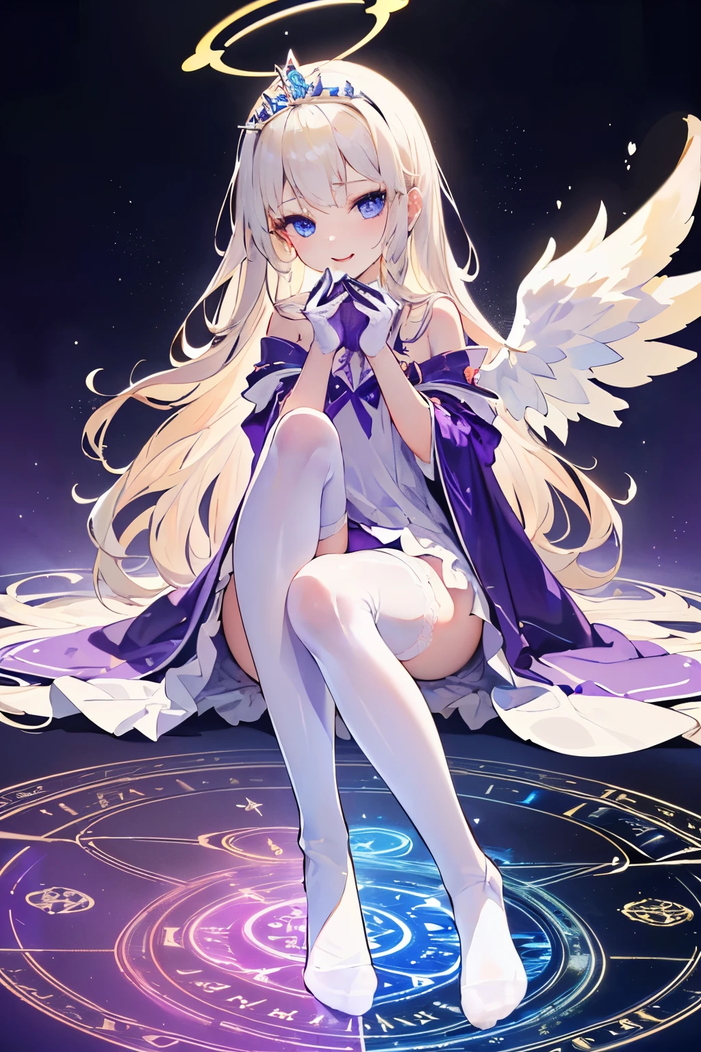 (((1girl))), ((best quality)), ((masterpiece)), ((ultra-detailed)), (illustration), (detailed light), (an extremely delicate and beautiful), (beautiful detailed eyes), (sunlight), ((extremely light)), ((extremely clothes)), (((hyper detail))),(((((front lighting))))),(((((front light))))),
((((quite adorable purple magical dress with a skirt and robe and magical tiara)))),
, (((Mage))), (((angel))), ((((angel wings)))), ((((angel halo)))),
(((wavy long hair))), ((((platinum blonde hair)))), (((long hair))),
(((sky blue eyes))),
((((whole body)))), aged 4 to 6, ((((())))), (((((quite adorable young girl))))),
(((condescending expression))), (mischievous smile with sexual satisfaction), (((extra adorable))), (((extra slender shape))),
(((extremely beautiful detailed face))),
((elegant magic gloves)),
((elegant magic boots)),
((((dynamically sitting on the magic circle)))), ((Dutch angle)), (((magical purple panties))),
(((()))),
(((extremely thin thighagical white stockings)))