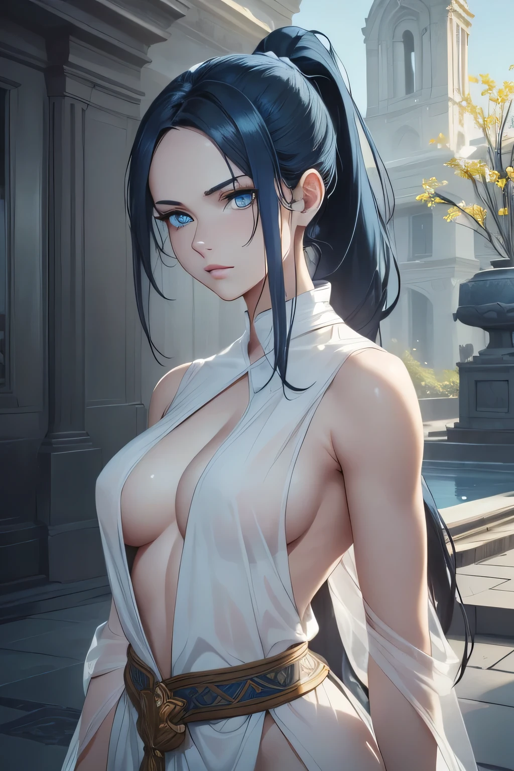 1 beautiful woman, fair skin, long dark hair, ponytail, ((blue eyes, detailed eyes:1.2)), medium breasts, wearing translucent white toga, sleeveless, sideboob, elegant, sensual, (masterpiece, top quality, best quality, official art, beautiful and aesthetic:1.2), extreme detailed, colorful, highest detailed, unreal engine 5, 8k