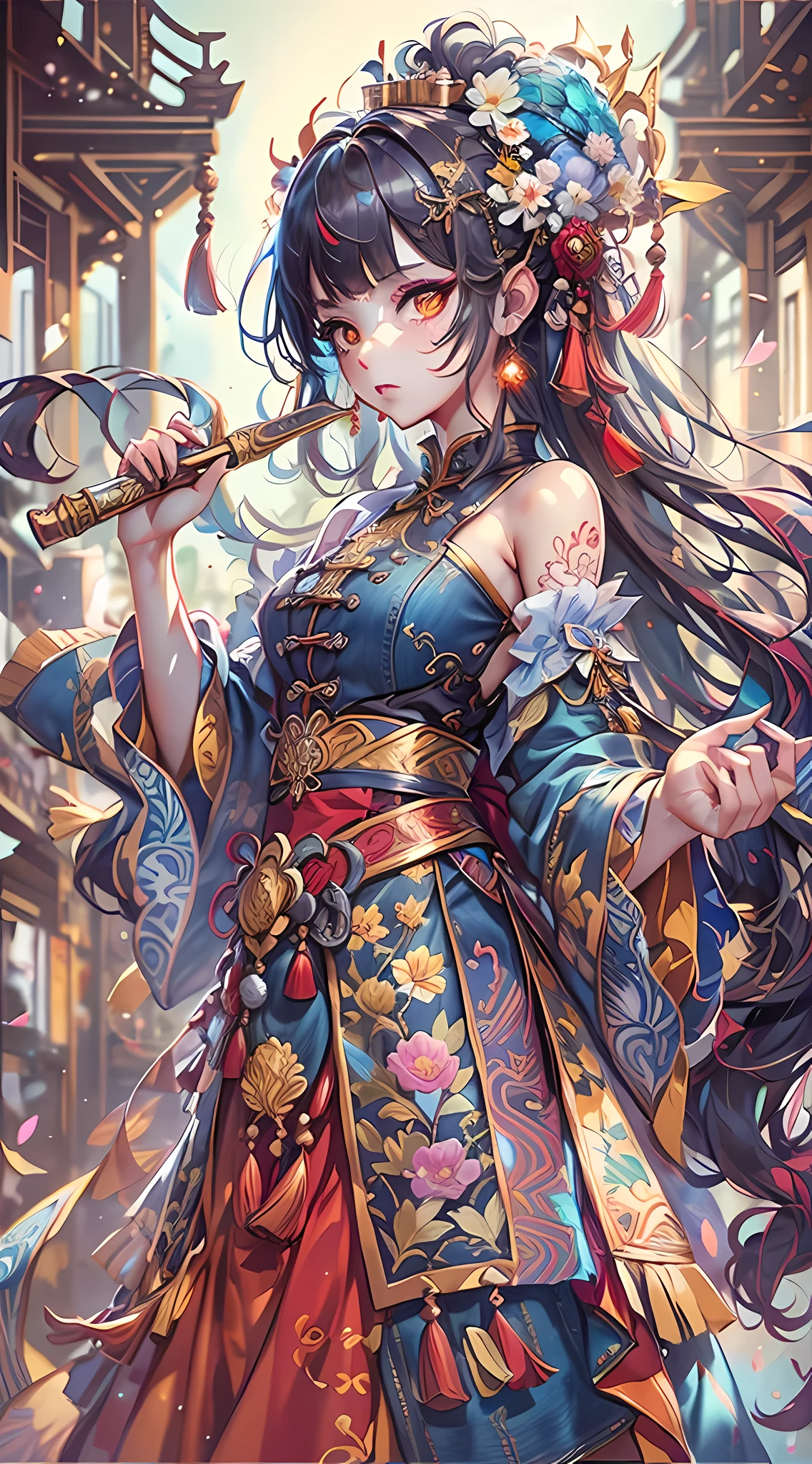 best quality, masterpiece, Super detailed high resolution, (actual: 1.4), Watercolor style, illustration, Dazzling background colors,Girl with a weapon, (Solo exhibition: 1.2), (denim lenses: 1.2), (hair crown: 1.2), Traditional Chinese Dunhuang style clothing, Strapless, (red eyeliner: 1.2), (: 1.4), earrings, dynamic angle, opera house, messy_long_hair, ink, lamp, lens_flare, velvet, chrysanthemum, tassel, ribbon, Colorful embroidery,