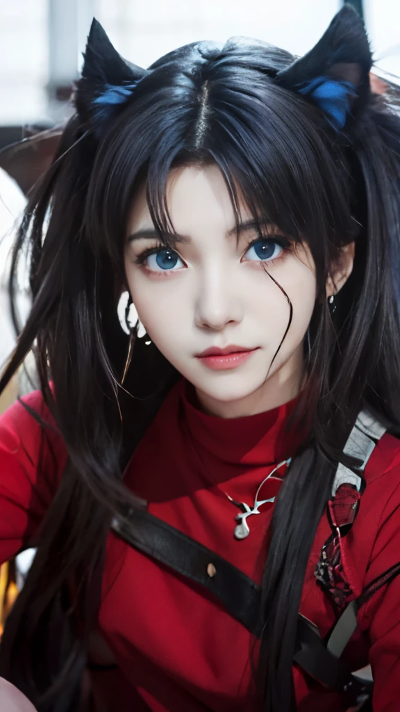 anime girl with long black hair and blue eyes wearing a red shirt, rin tohsaka, anime moe artstyle, anime style portrait, realistic anime artstyle, stunning anime face portrait, extremely cute anime girl face, cute anime face, anime visual of a cute girl, realistic anime art style, beautiful anime portrait, anime girl with cat ears, an anime girl