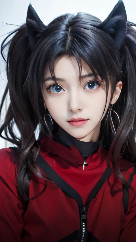 anime girl with long black hair and blue eyes wearing a red shirt, rin tohsaka, anime moe artstyle, anime style portrait, realistic anime artstyle, stunning anime face portrait, extremely cute anime girl face, cute anime face, anime visual of a cute girl, realistic anime art style, beautiful anime portrait, anime girl with cat ears, an anime girl