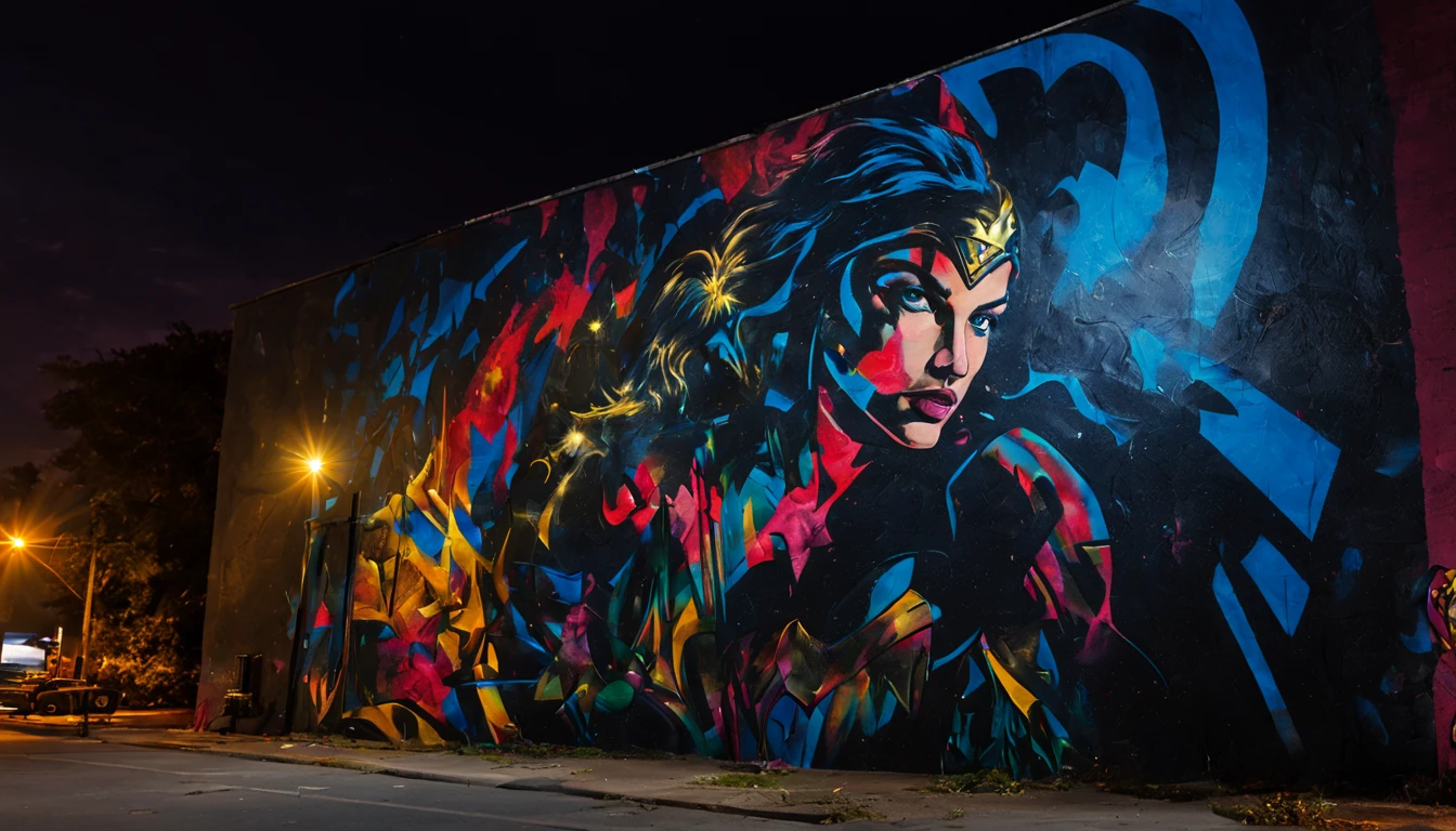 A close-up shot of a mysterious figure spray-painting a massive mural on an urban wall at night, illuminated only by the streetlights. The mural depicts a comic scene of (Wonder Woman:1.2), (Batman:1.3), (Superman:1.3) and (Black Panthere:1.3), with vibrant colors that seem to glow in the dark. The figure's silhouette is detailed, with hints of their identity hidden in the shadows. Created Using: chiaroscuro lighting, vivid neon colors, silhouette mystery, storytelling through art, dynamic angles, night-time ambiance, graffiti artistry, urban legend, visual narrative