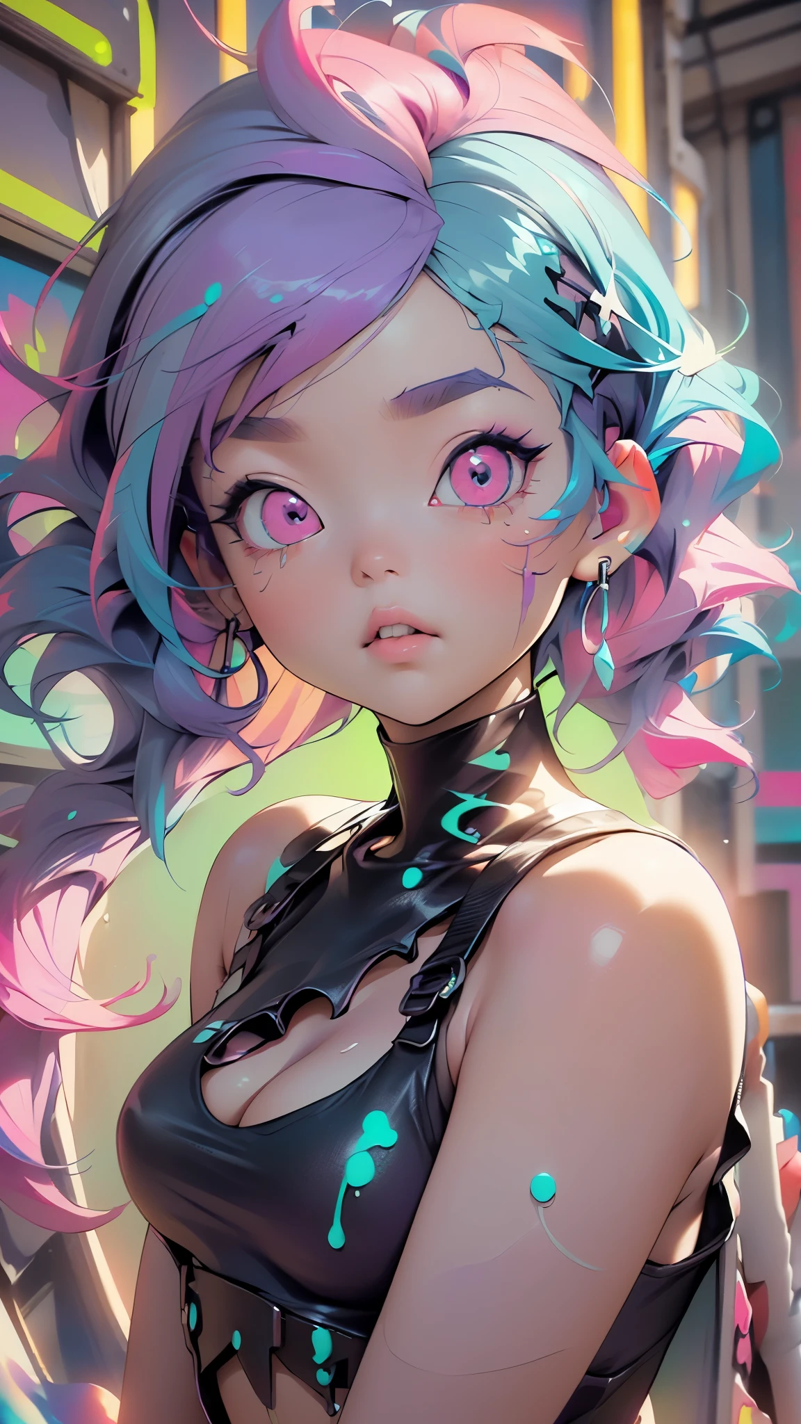 flat chested, flat stomach, tiny body, small stature, baby face,lustrous skin, bright skin,shiny skin,purple eyes,vibrant colors,rich colors,(((liquid paint hair:1.1))) ,(((neon purple hair | neon pink hair | neon blue hair | neon aqua hair | purple hair | fuchsia hair | fluorescent blue hair | amethyst hair | neon hair | bright pink hair :1.5))), ((made of paint and defies gravity,thick flowing),(paint splatter:1.3), (shiny hair: 1.3),