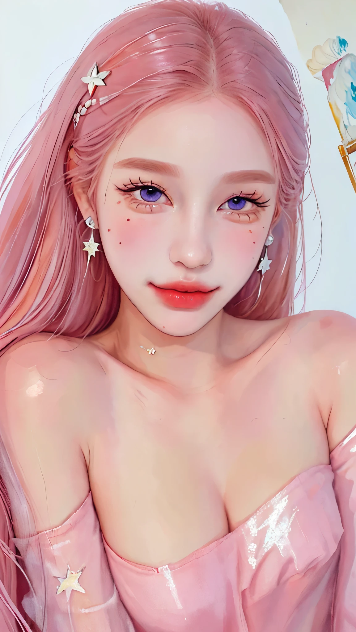 (highest quality,super detailed,realistic),(painting),(shining star,gentle moonlight),(peaceful and calm),(subtle colors,dark and warm tones),(soft and diffused lighting),1 girl, (Ulzzang-6500:0.7), K-POPアイドル, removed sleeve, bare shoulders, pink hair, long hair, highest quality, (painting:1.5), (hair ornaments:1.35), jewelry, purple eyes, earrings, Depth of the bounds written, detailed face, face focus, ribbon_trim, (looking at the viewer:1.25), shiny skin, smile, thick lips,put your hand on your lips, (blurred background:1.2), sitting, Upper body