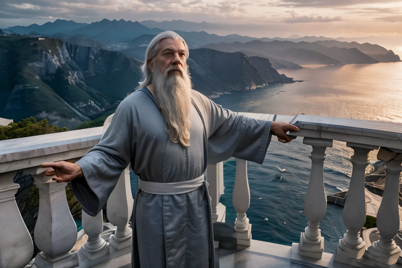 High angle view of marble balcony, Gandalf the grey wizard with long white beard grey robes standing on the left side looking down right, hand outstretched sunset sea mountains background (8k, masterpiece)