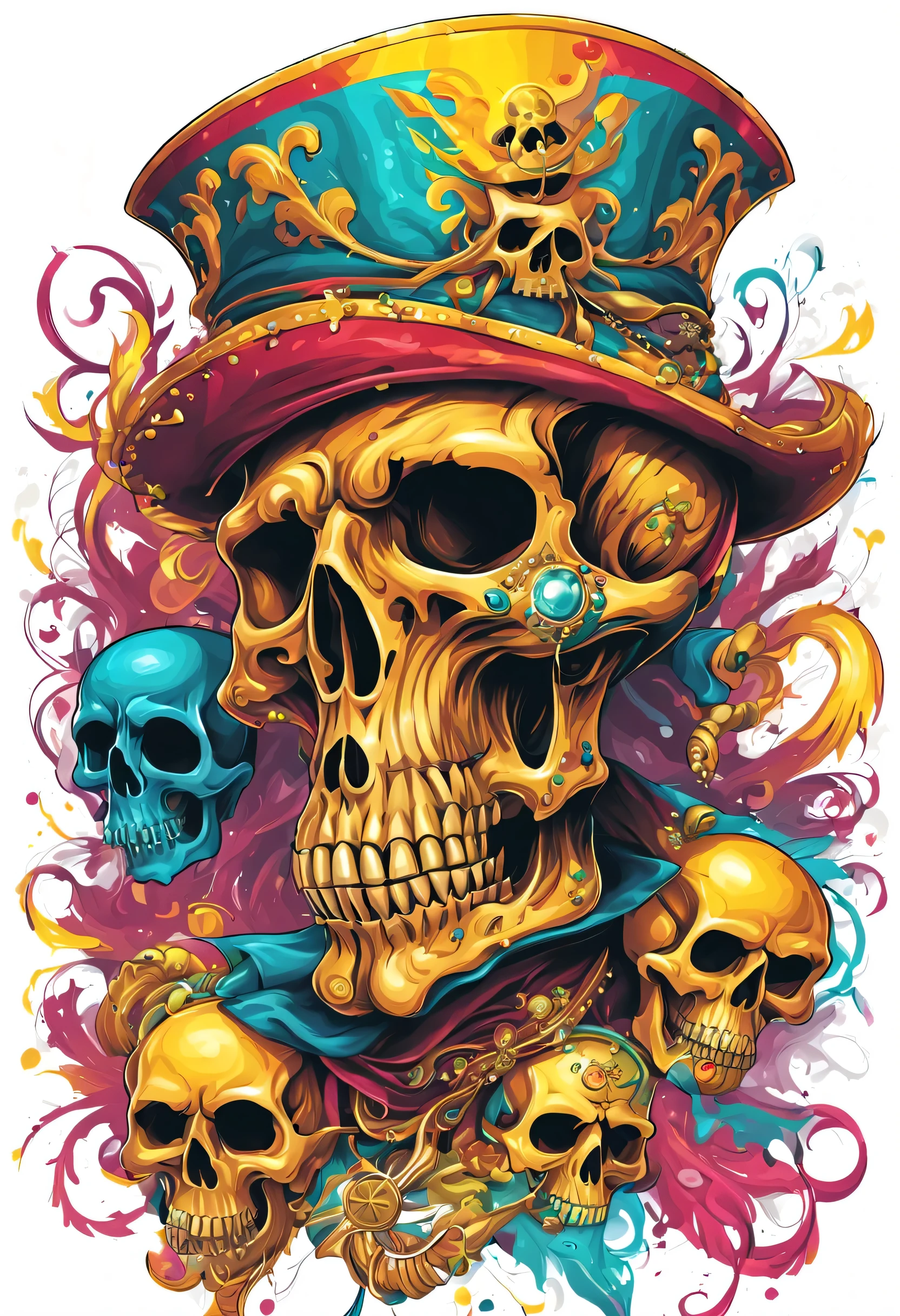 T-shirt art vector ready to print colorful graffiti illustration of masquerade party yellow pirate skull and hat web decorated with jewels of precious rubies and emeralds and skeleton beard decorated with yellow diamonds, teeth of beautiful stone jewelry, front perspective, action shot, vibrant color And welding, high detail, white background