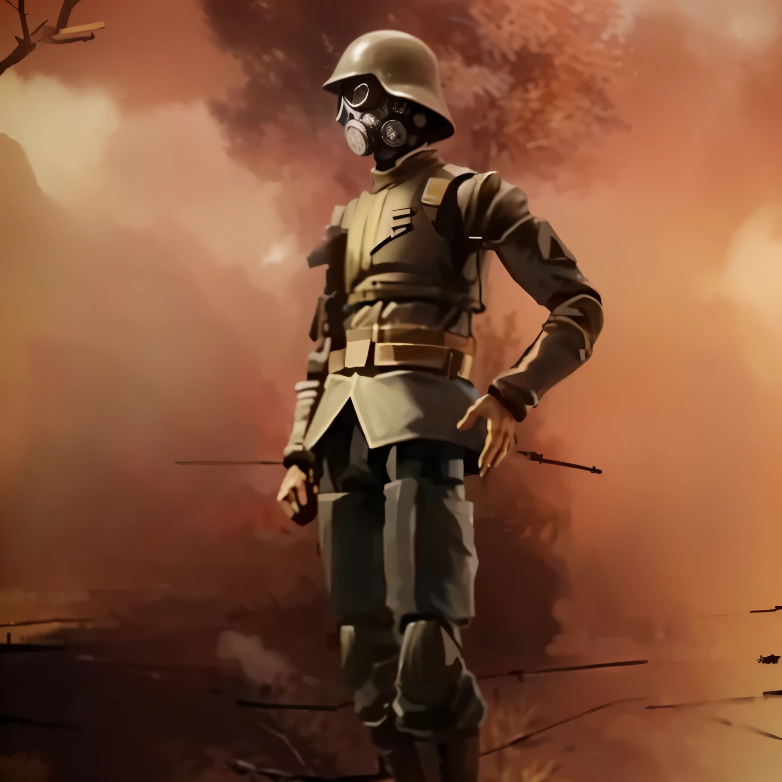 (4k,super detailed:1.2),(anime:1),figure,(realistic:1), (alone:1.2),(Are standing),(full_body:1.2), (single background,:1.4), (outdoors, landscape, battlefield, open field, dawn: 1.2), Mushroom cloud, ditch, (gas mask, holster, worn overcoat, cargo pants: 1.2), (Supermodel: 1.4), (wide hips: 1), (black hair), ww1ger,