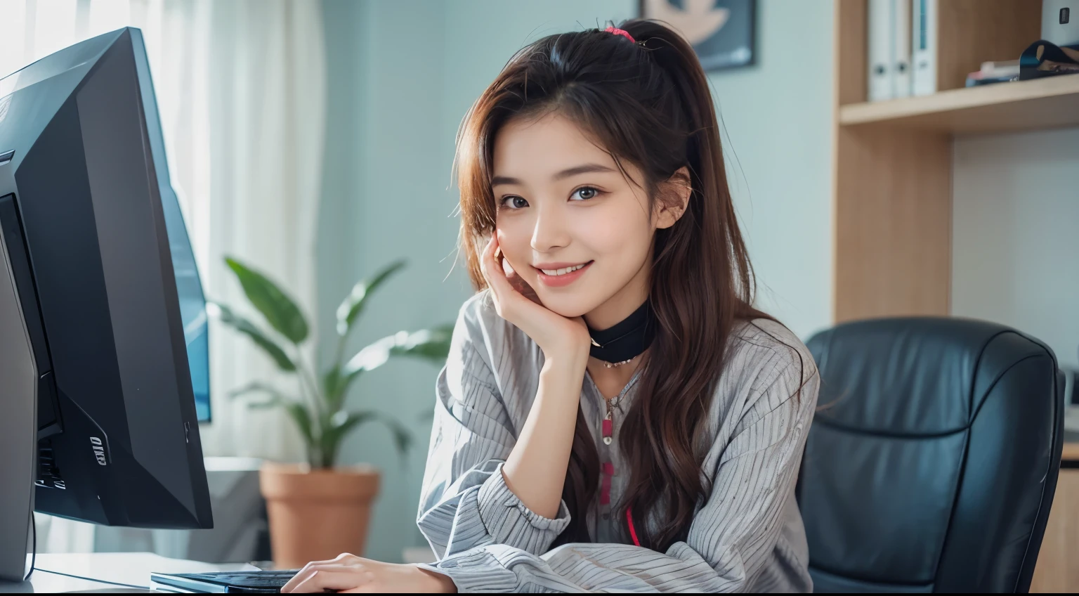 A beautiful woman with a wry smile. Twenty years old. She wears modern and fashionable clothes. She is sitting in front of the computer.