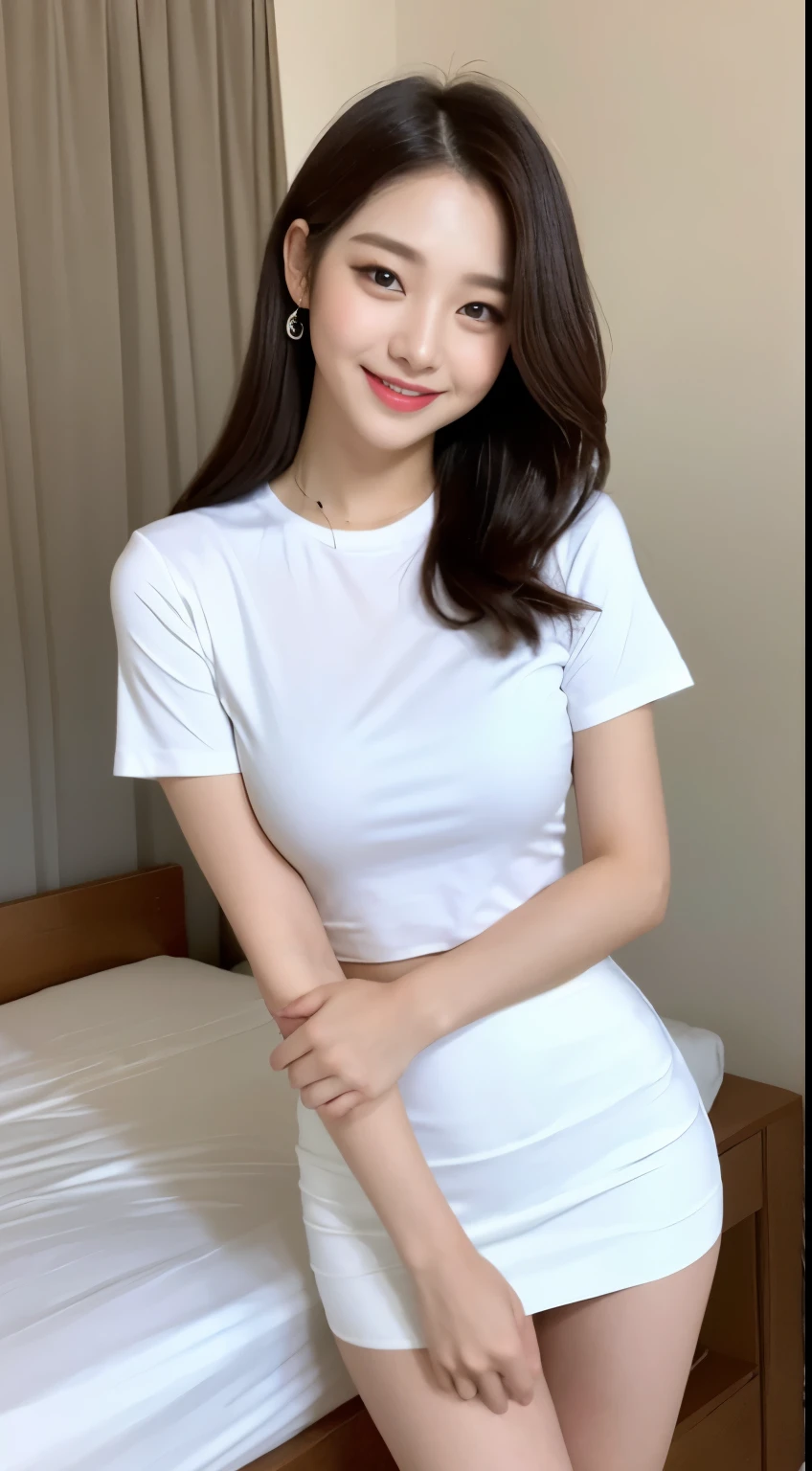 white tight shirt、white tight mini skirt、bed、smile、short sleeve、high resolution、Korean idol face